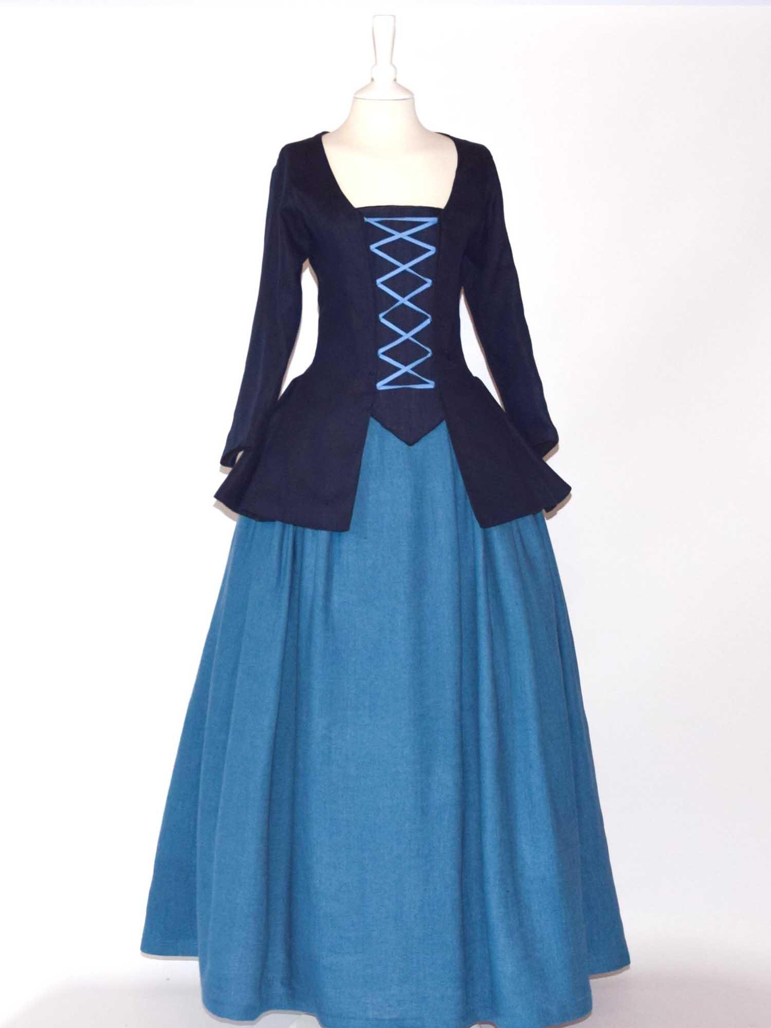 JANET, Colonial Costume in Night & Steel Blue Linen - Atelier Serraspina - Costume 18ème siècle en lin bleu nuit & bleu acier