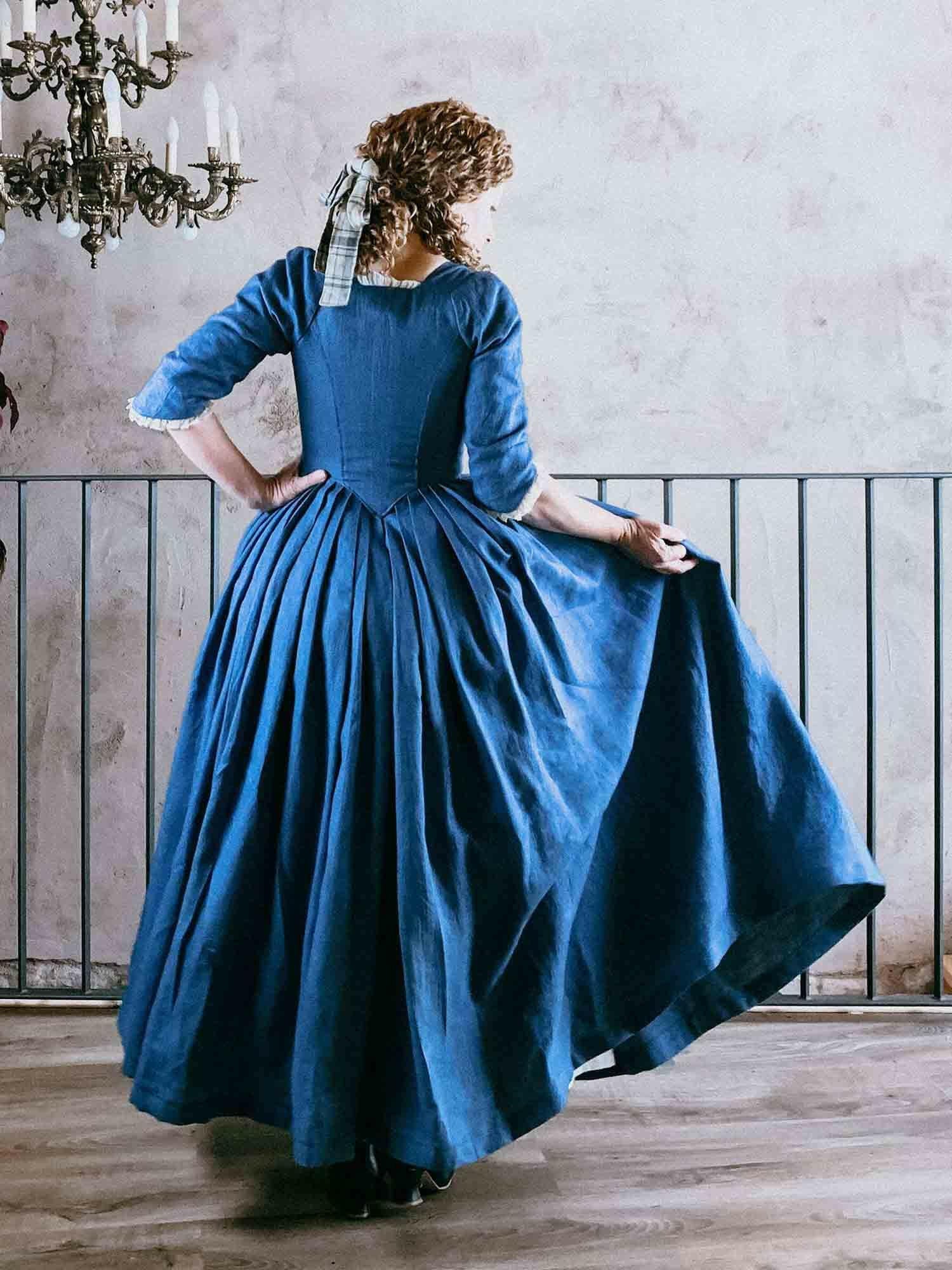 LOUISE, 18th-Century Dress in Steel Blue Linen Atelier Serraspina