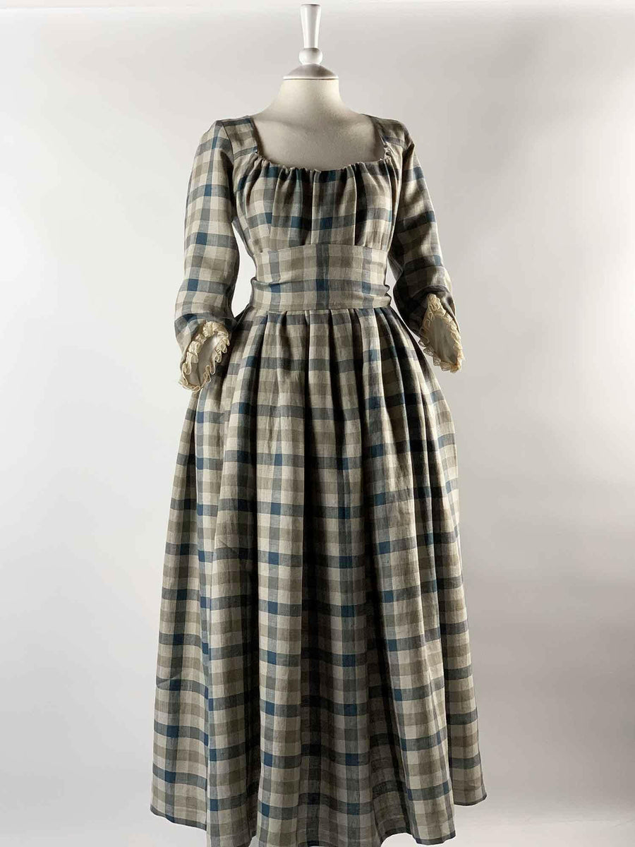 Regency Dress in Blue Beige Checks Linen