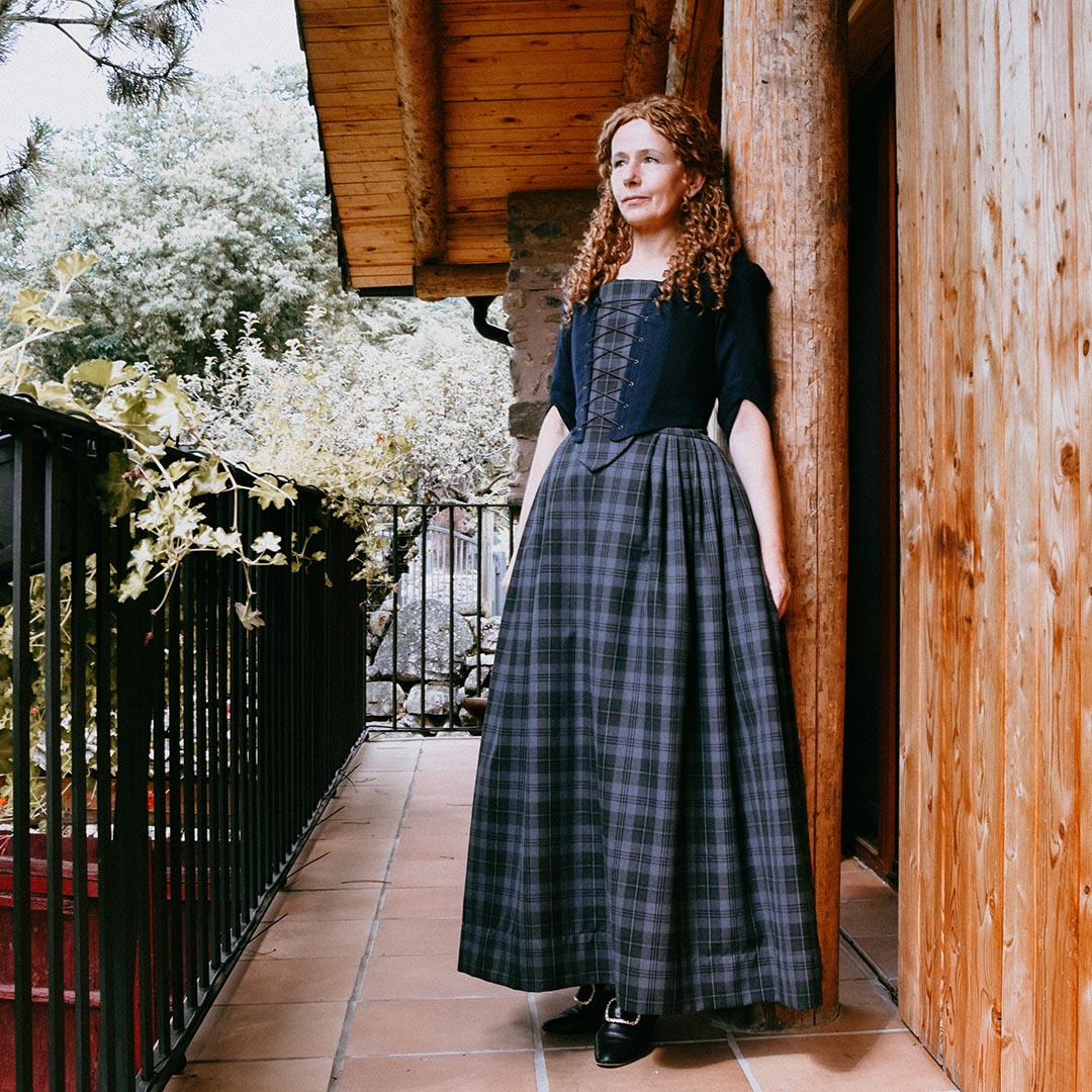 Dorine, Outlander Costume in Night Blue Linen and Granite Grey Tartan Skirt