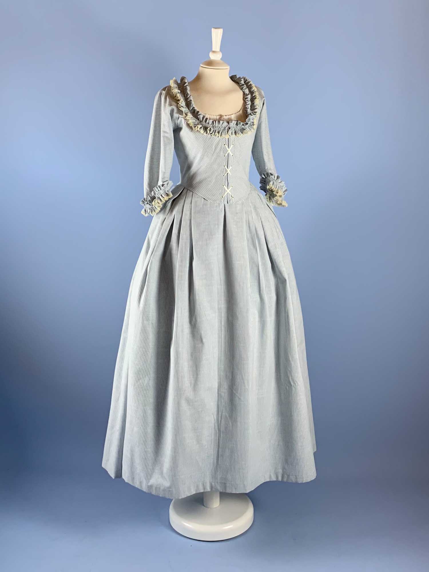 18th-Century Dress in Blue Stripes Cotton - Atelier Serraspina