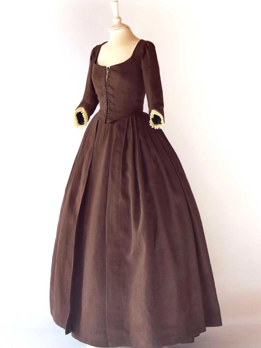 18th-Century Open Robe in Chocolate Linen & Skirt - Atelier Serraspina