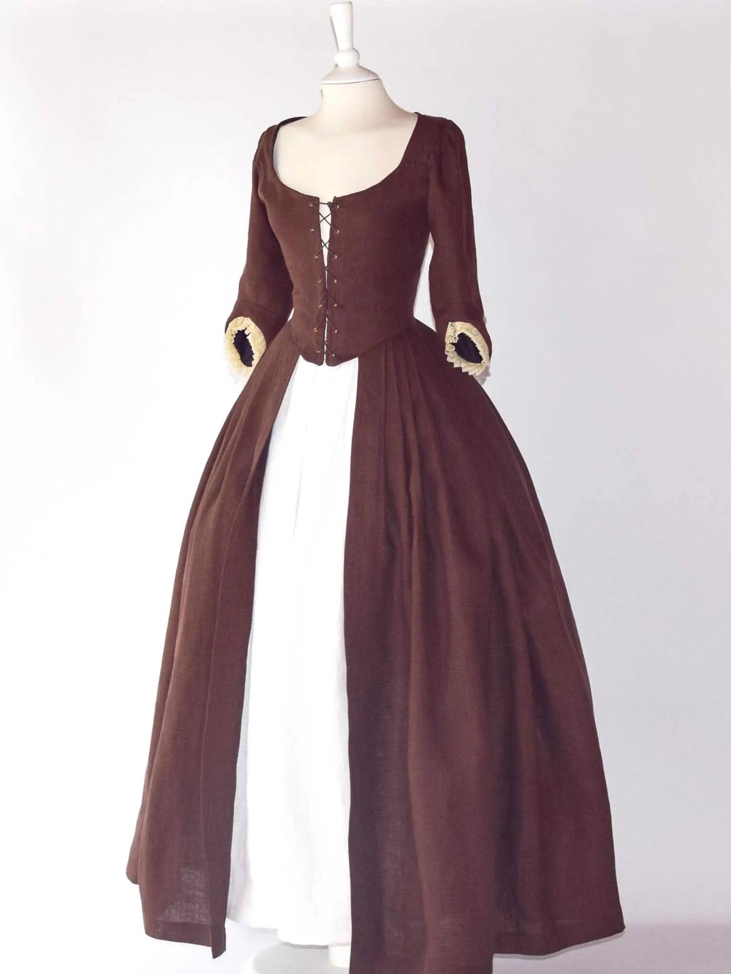 18th Century Overdress in Chocolate Linen &amp; Skirt - Atelier Serraspina
