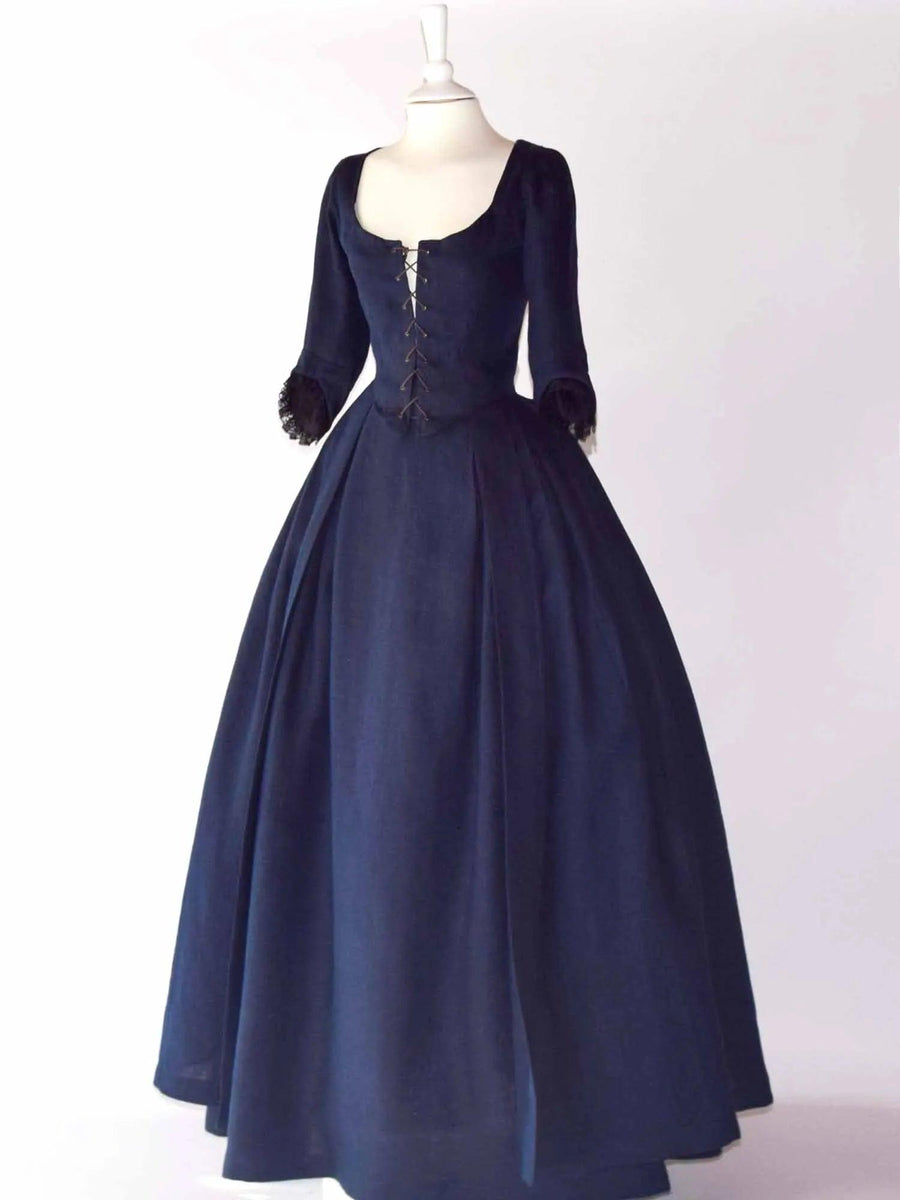 18th-Century Open Robe In Night Blue Linen & Skirt - Atelier Serraspina