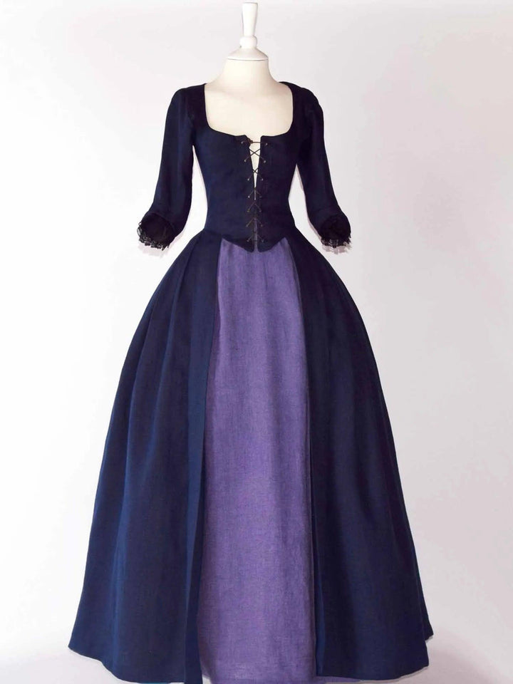18th-Century Open Robe In Night Blue Linen & Skirt - Atelier Serraspina