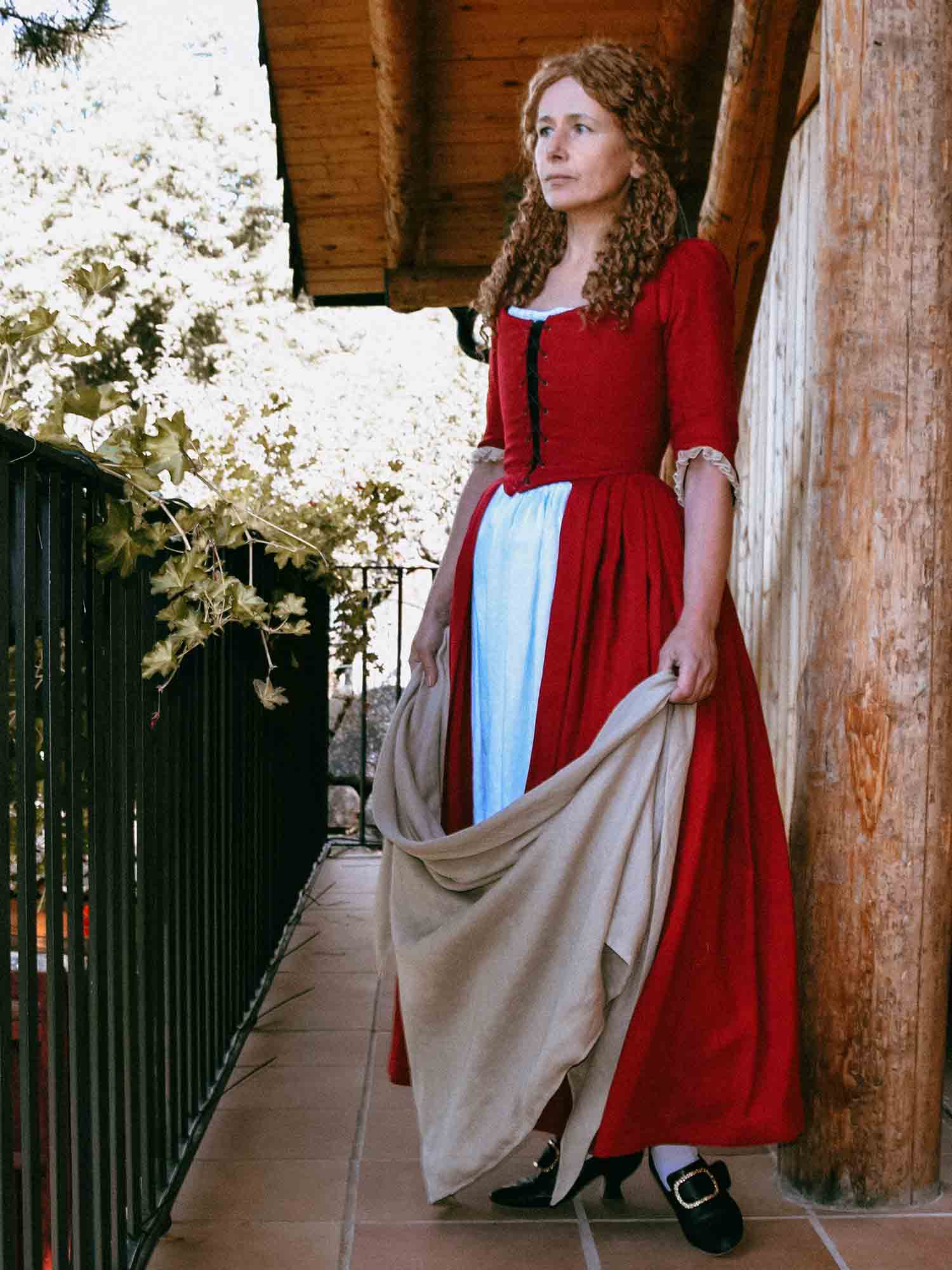 18th Century Overdress in Cherry Red Linen - Atelier Serraspina Handcrafted Historical Costumes