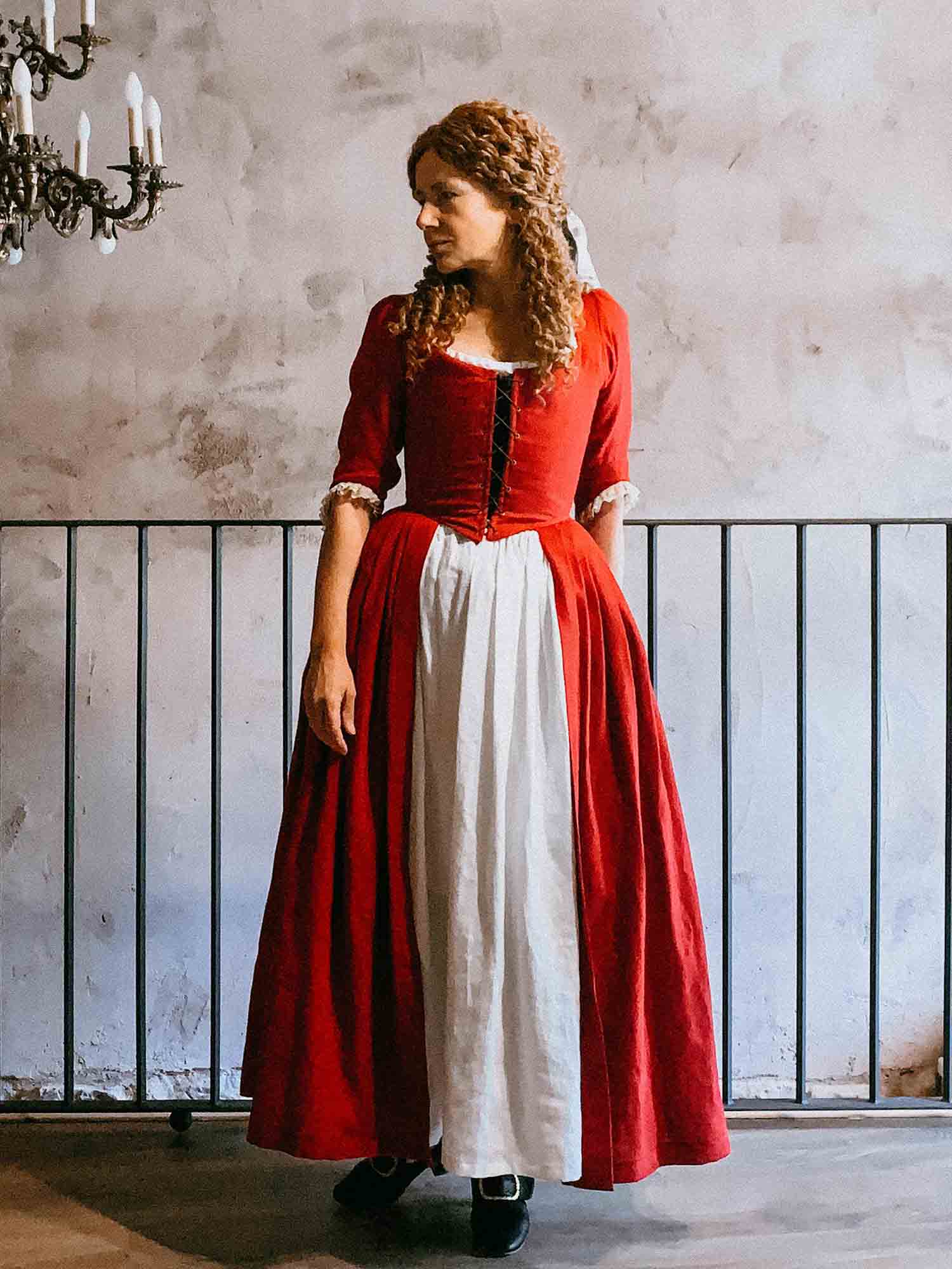 18th Century Overdress in Cherry Red Linen - Atelier Serraspina Handcrafted Historical Costumes