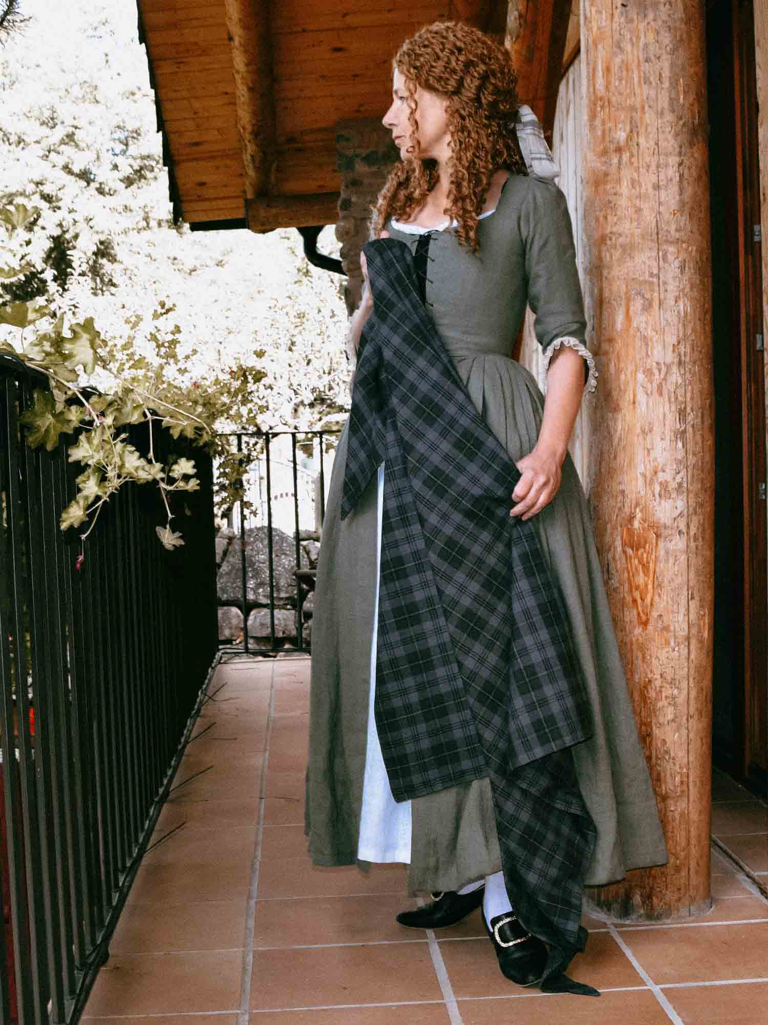 18th Century Overdress in Sage Green Linen - Handcrafted Historical Costumes