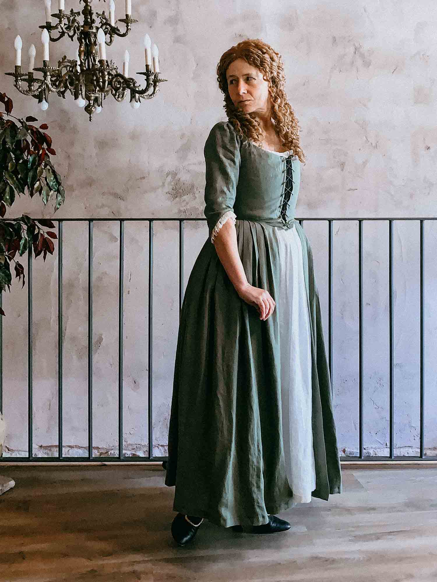 18th Century Overdress in Sage Green Linen - Handcrafted Historical Costumes