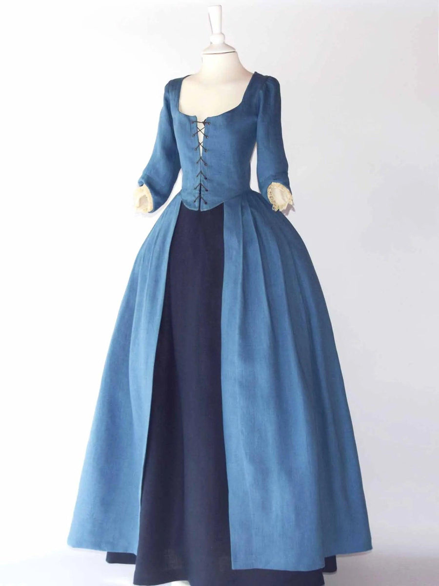 18th-Century Open Robe in Steel Blue Linen & Skirt - Atelier Serraspina