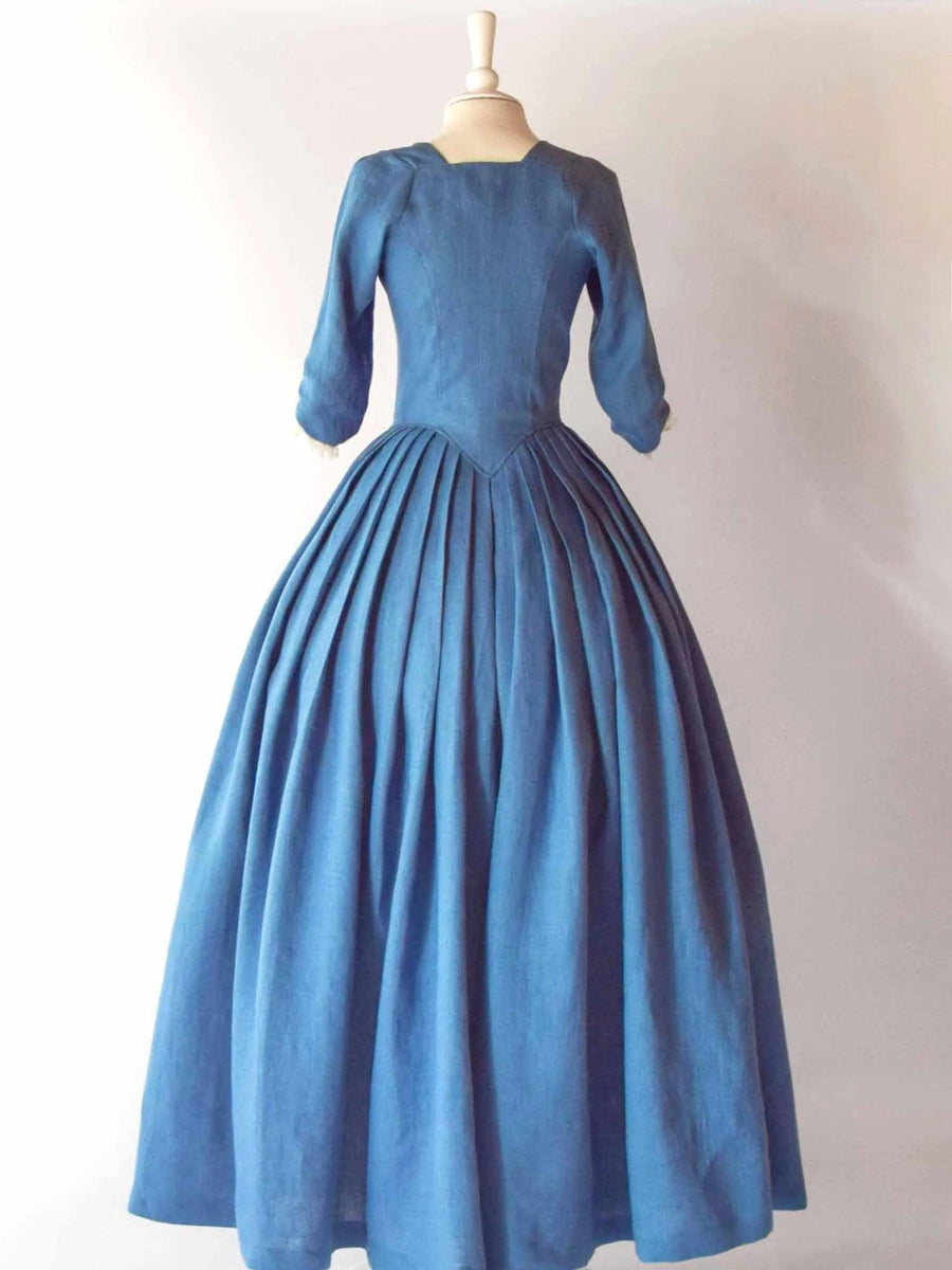 18th-Century Open Robe in Steel Blue Linen & Skirt - Atelier Serraspina