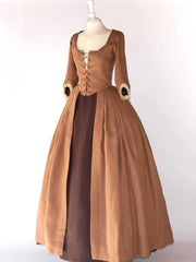 18th-Century Open Robe in Toffee Linen & Skirt - Atelier Serraspina
