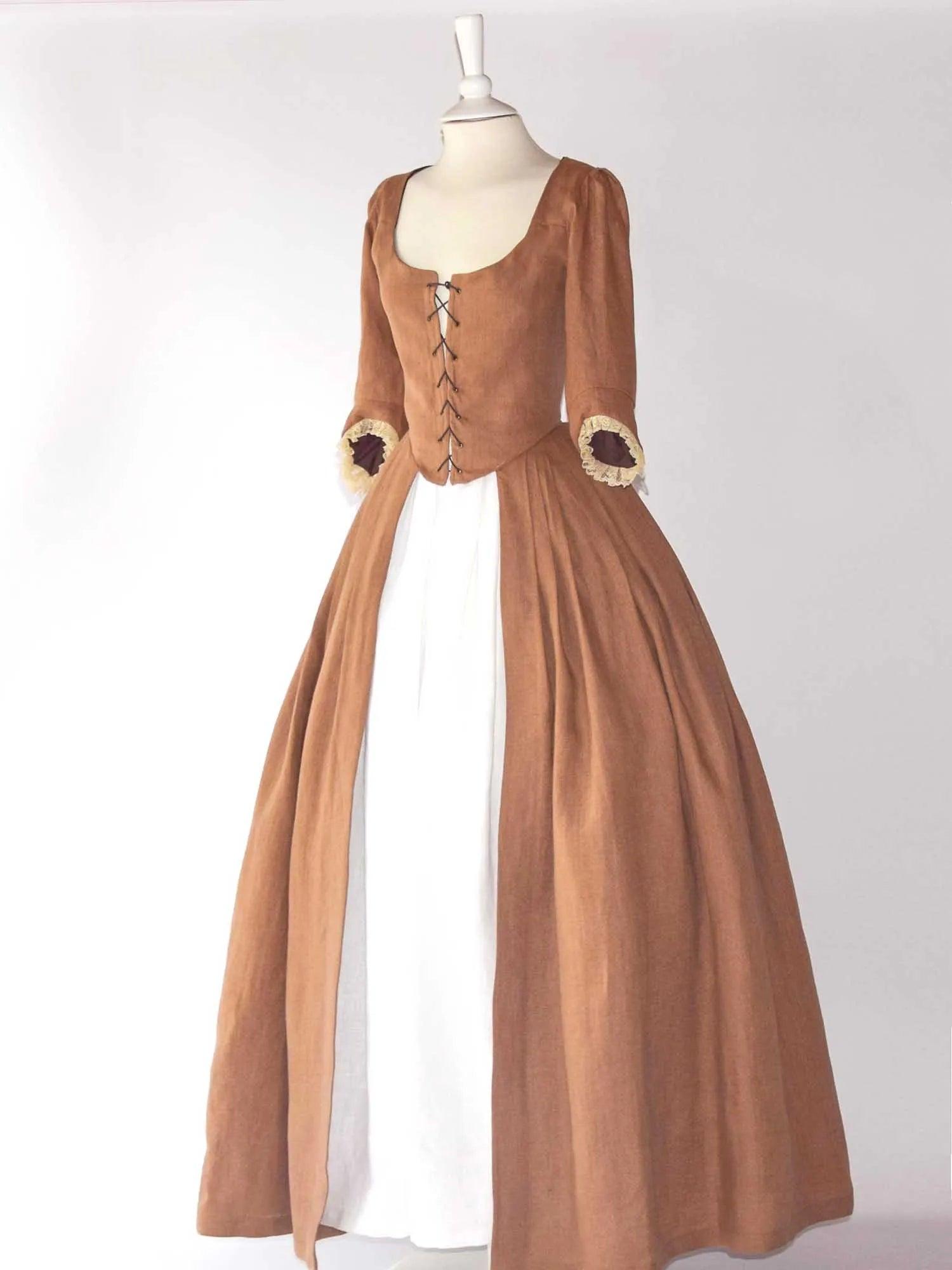 18th Century Overdress in Toffee Linen &amp; Skirt - Atelier Serraspina