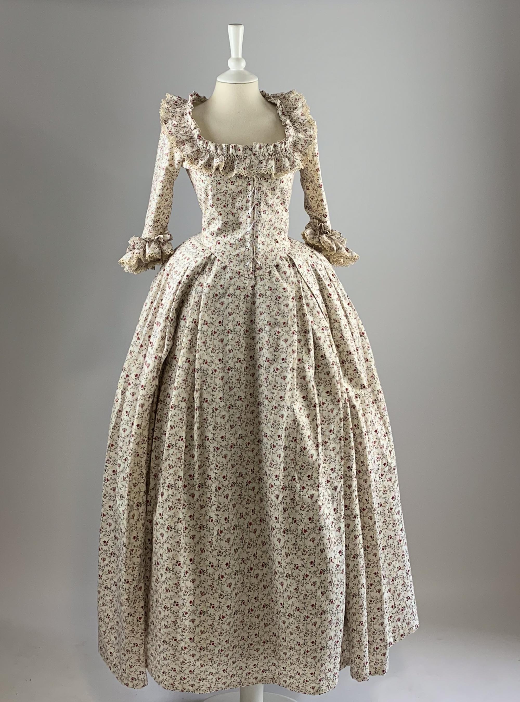 18th-Century Dress in White Floral Cotton (front lacing) - Atelier Serraspina Handcrafted Historical Costumes