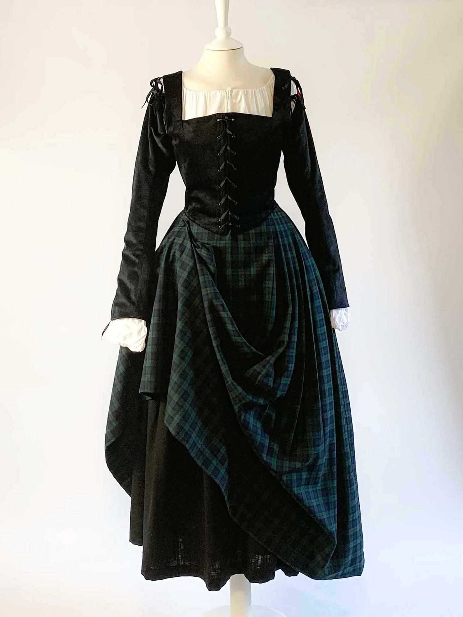 ANN, Renaissance Costume in Black Velvet with Sleeves &amp; BlackWatch Tartan Skirt - Atelier Serraspina