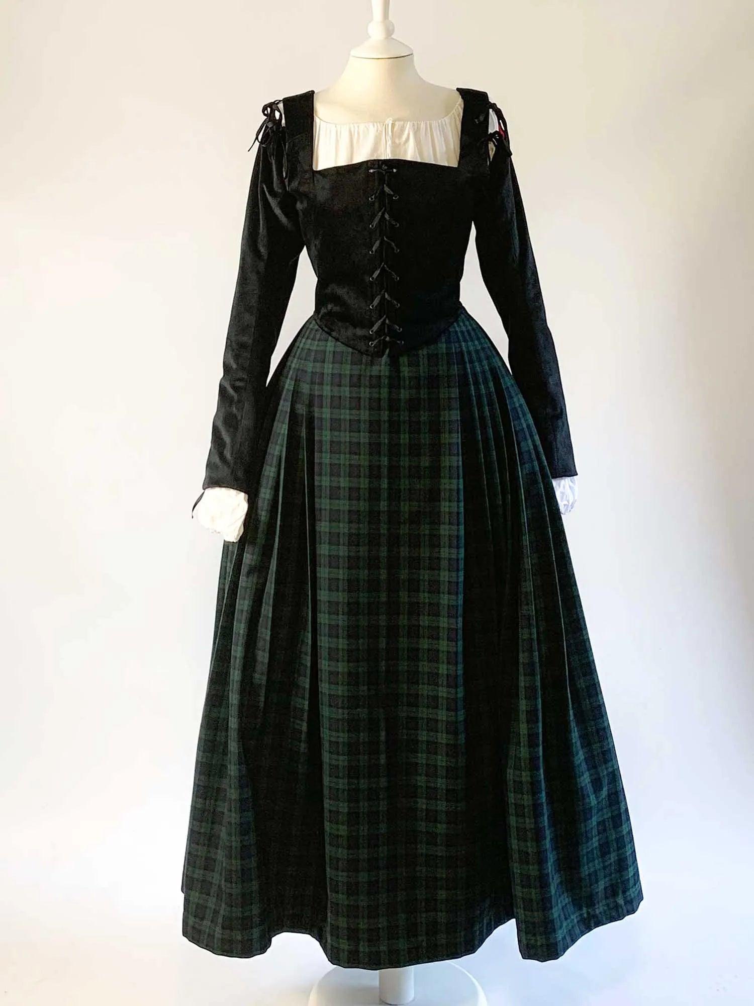 ANN, Renaissance Costume in Black Velvet with Sleeves &amp; BlackWatch Tartan Skirt - Atelier Serraspina