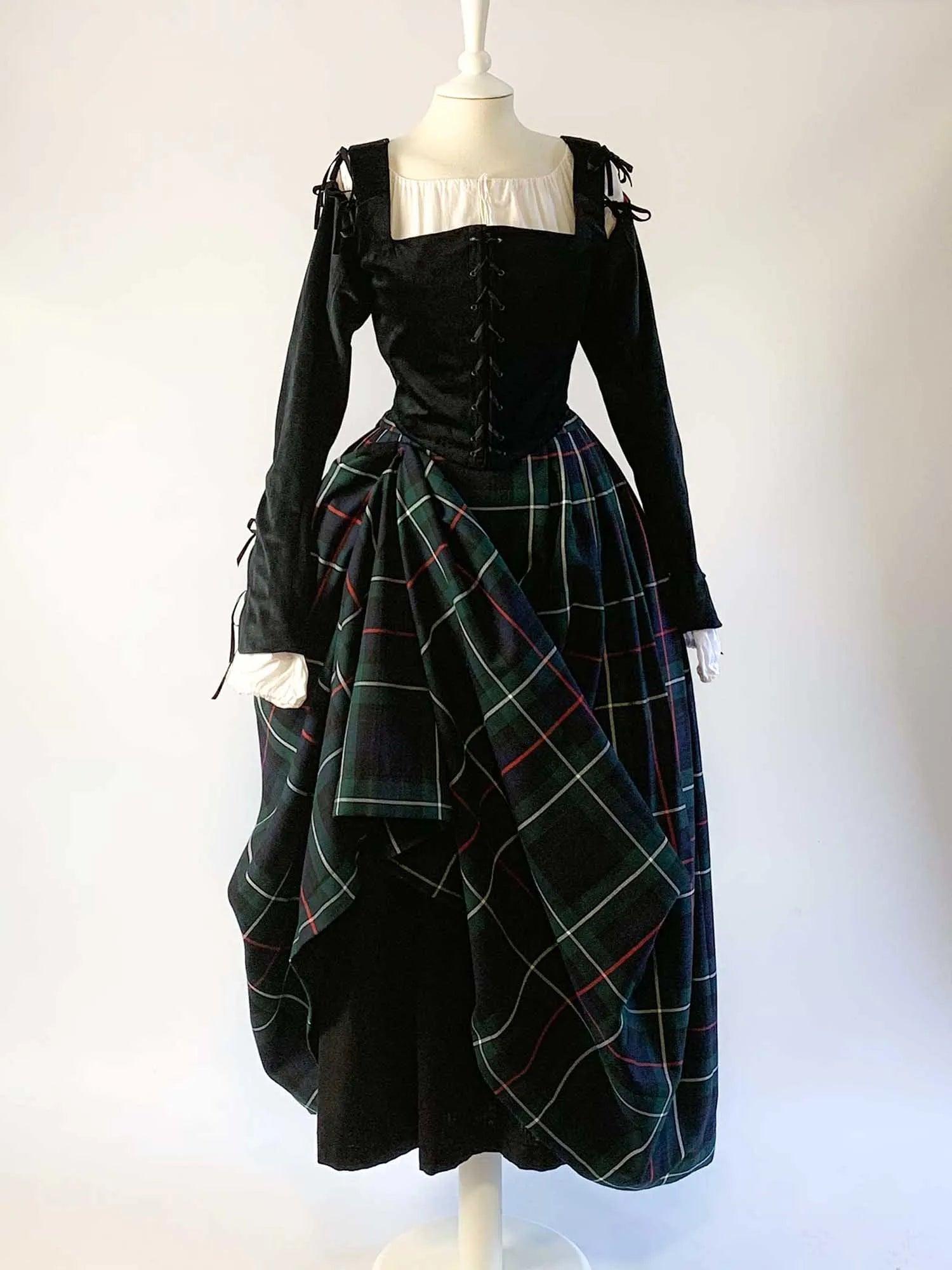 ANN, Renaissance Costume in Black Velvet with Sleeves &amp; Mackenzie Tartan Skirt - Atelier Serraspina