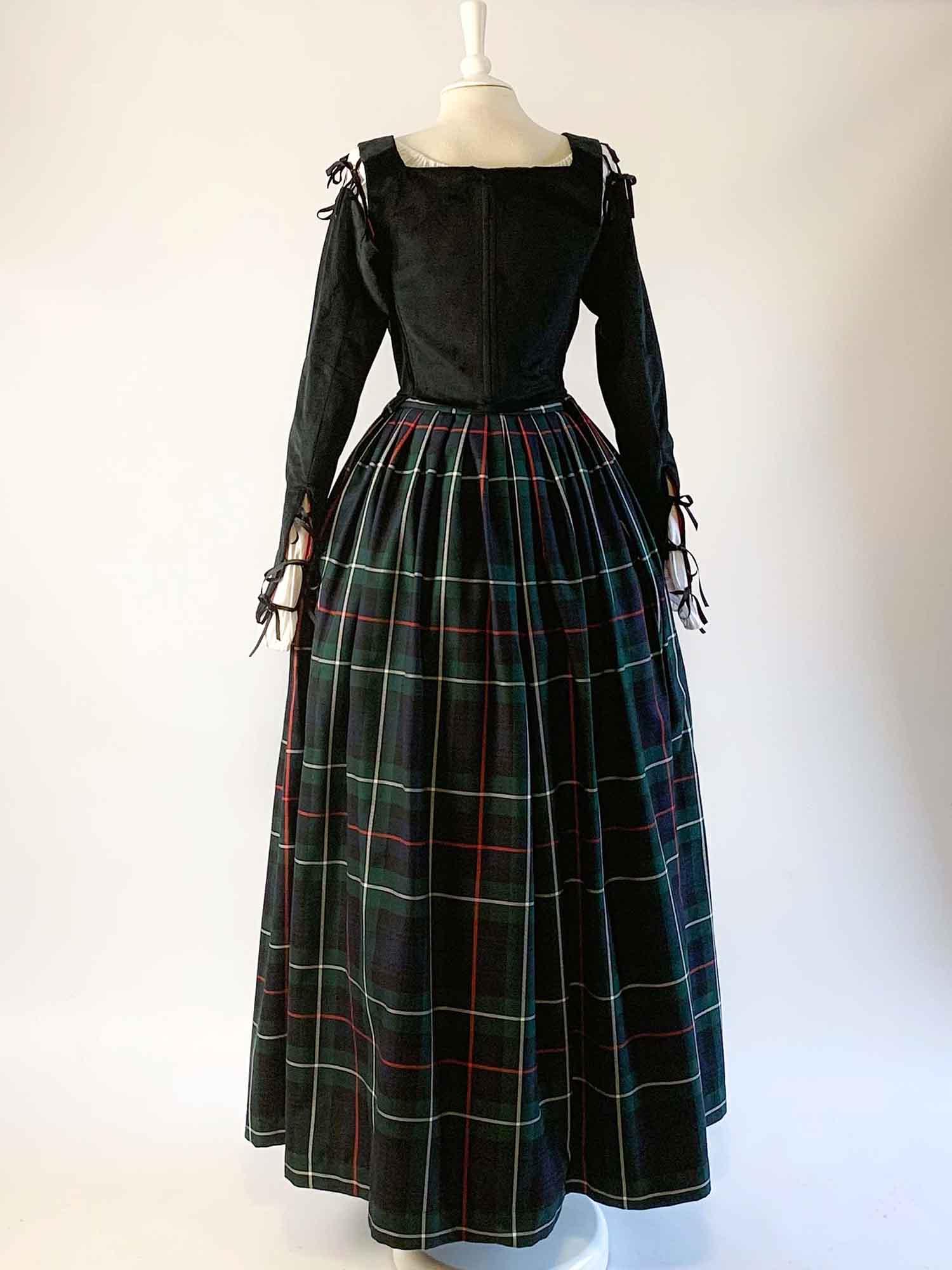 ANN, Renaissance Costume in Black Velvet with Sleeves & Mackenzie Tartan Skirt - Atelier Serraspina