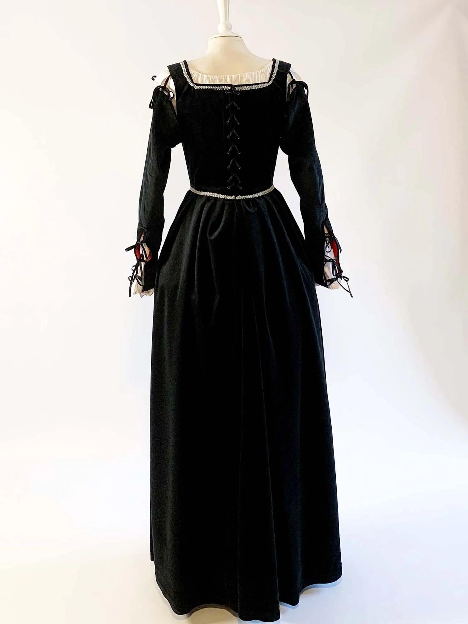 ANN, Renaissance Dress in Black Velvet with Removable Sleeves - Atelier Serraspina