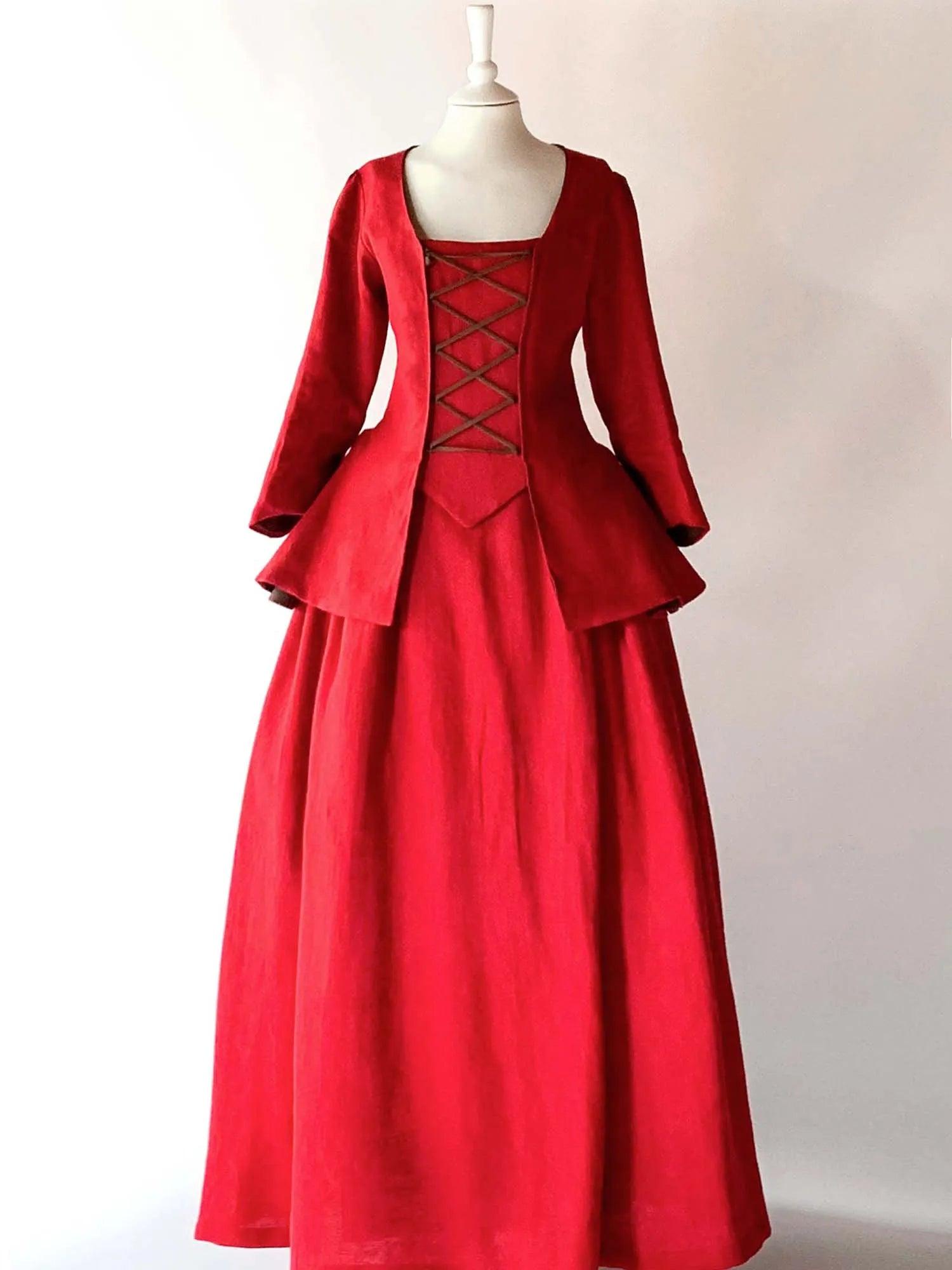 JANET, Colonial Costume in Cherry Red Linen - Atelier Serraspina - Costume 18ème siècle en Lin Rouge Cerise