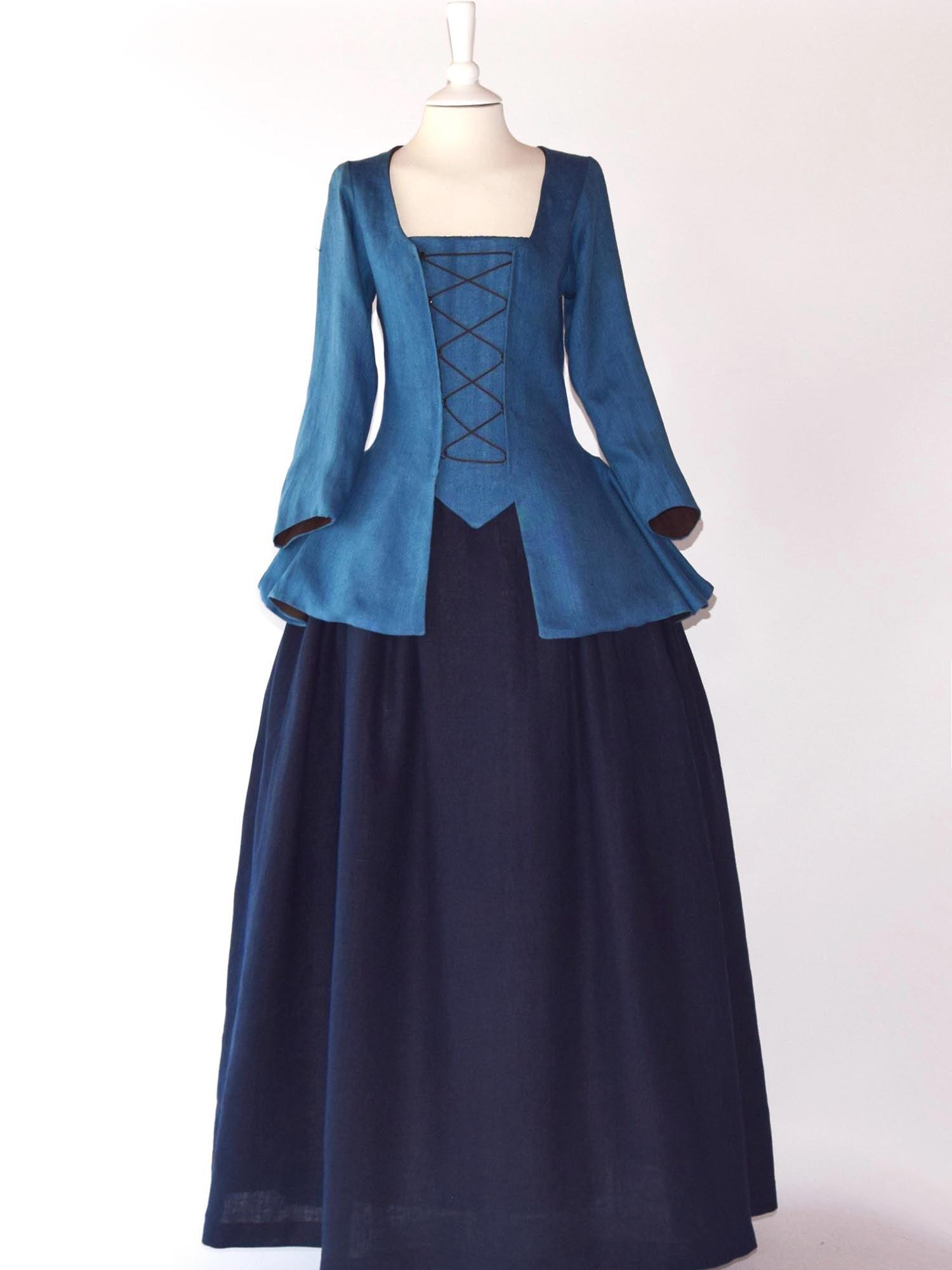 JANET, Colonial Costume in Steel & Night Blue Linen - Atelier Serraspina