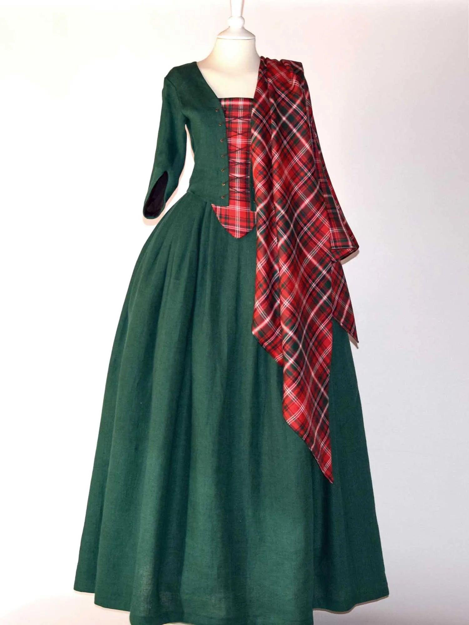 Historical Costume in Dark Green Linen and MacDougall Tartan Shawl - Atelier Serraspina
