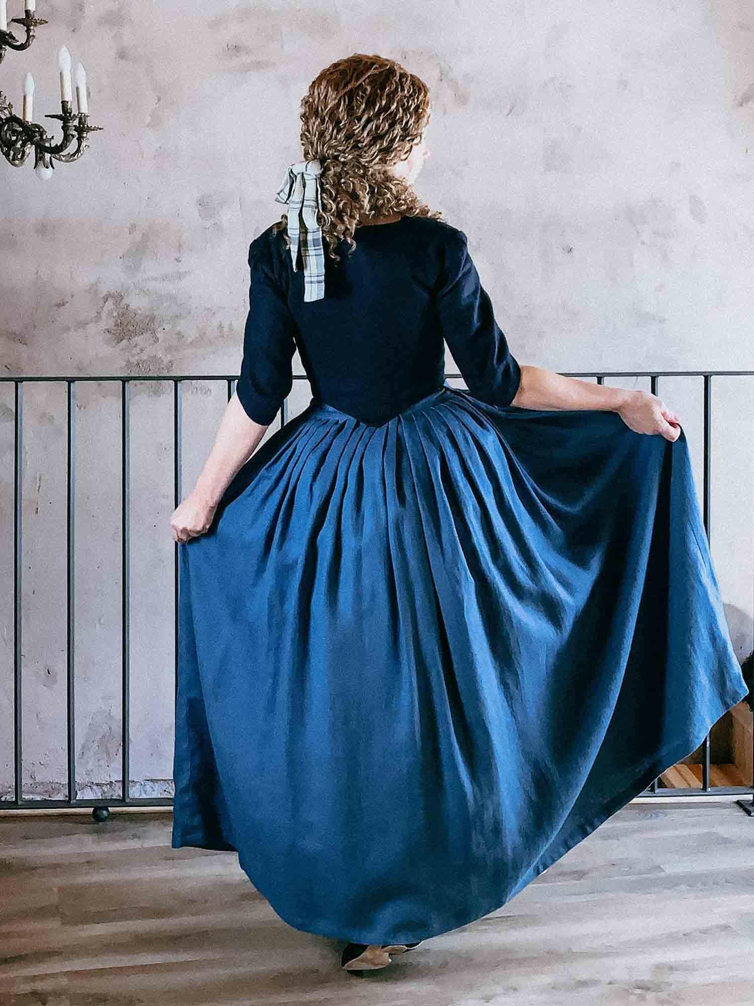 Historical Costume in Night Blue &amp; Steel Blue Linen - Atelier Serraspina