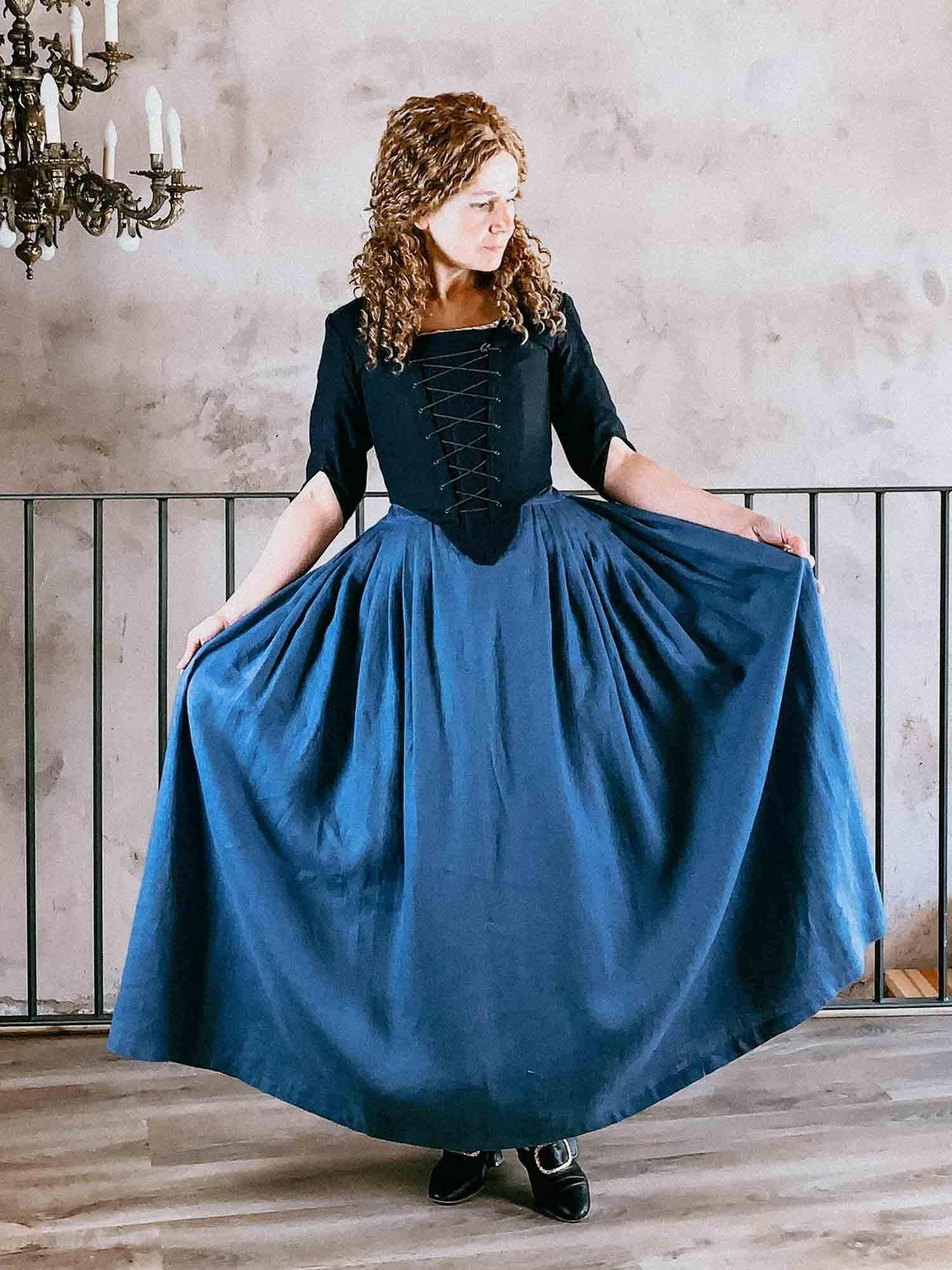 Historical Costume in Night Blue & Steel Blue Linen - Atelier Serraspina