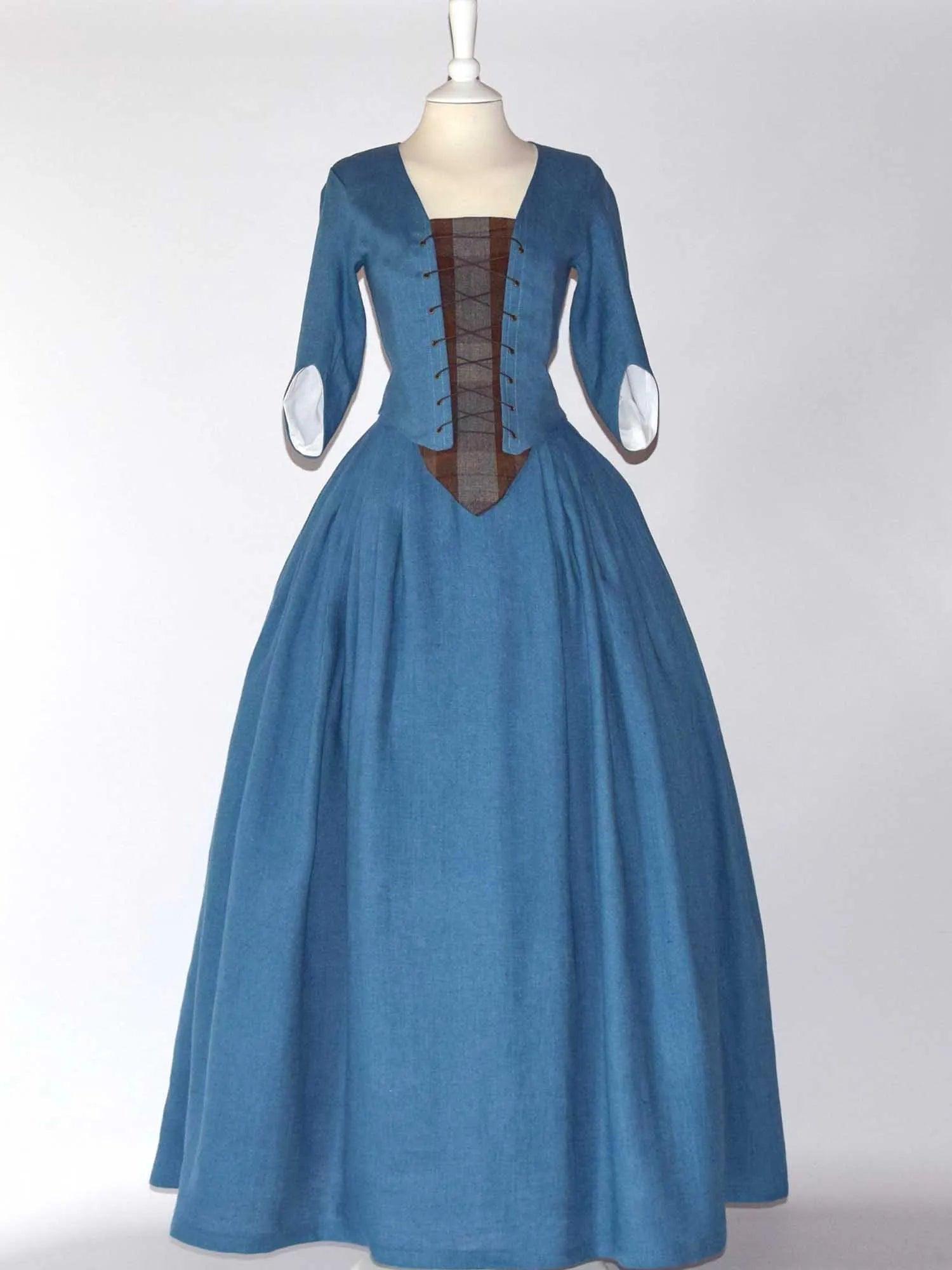 Historical Costume in Steel Blue Linen & Outlander Tartan Shawl - Atelier Serraspina