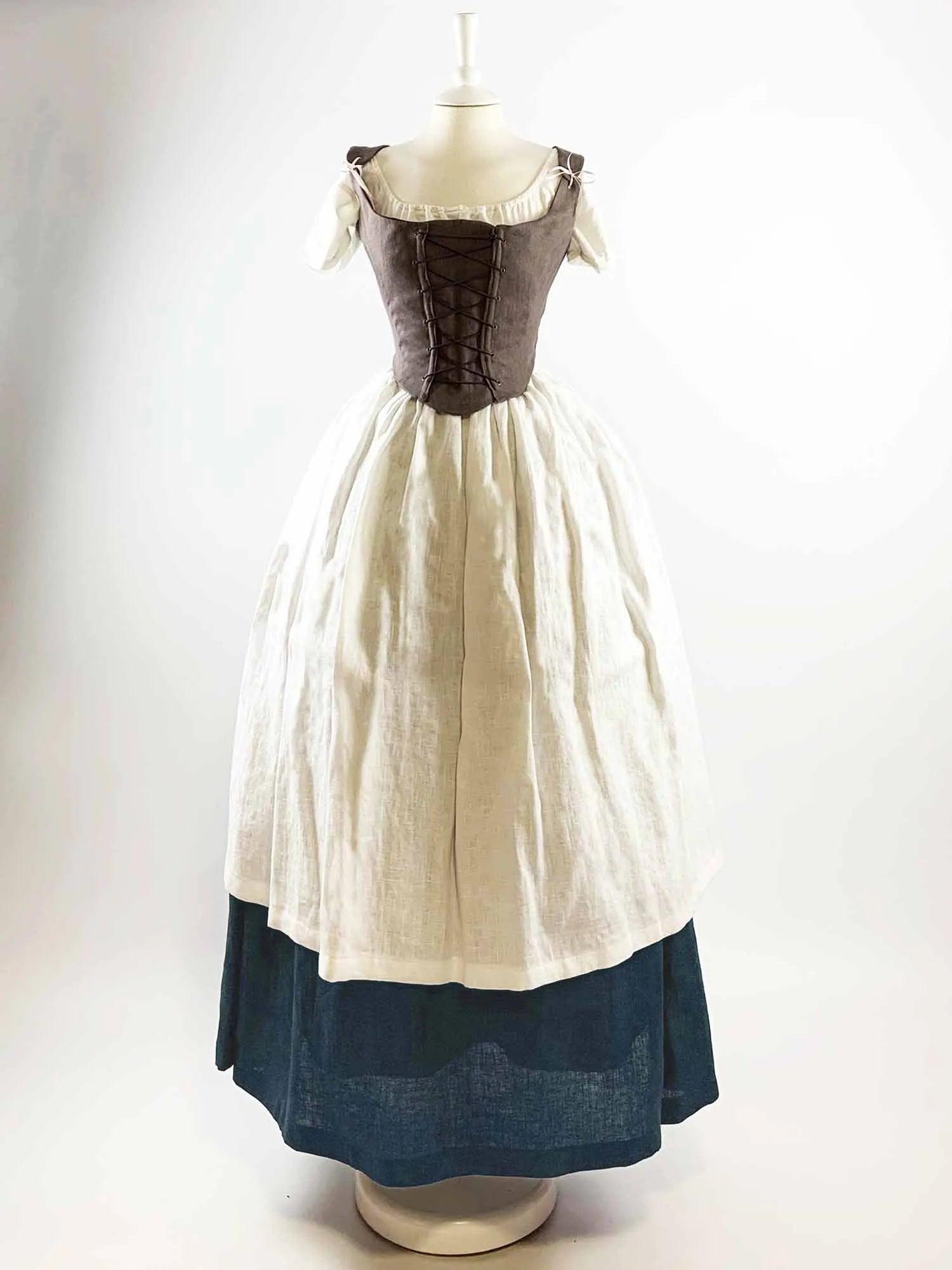 ISOLDE, Renaissance Costume in Brown Gray & Ocean Blue Linen - Atelier Serraspina - Costume Renaissance en Lin Marron-Gris & Bleu Océan