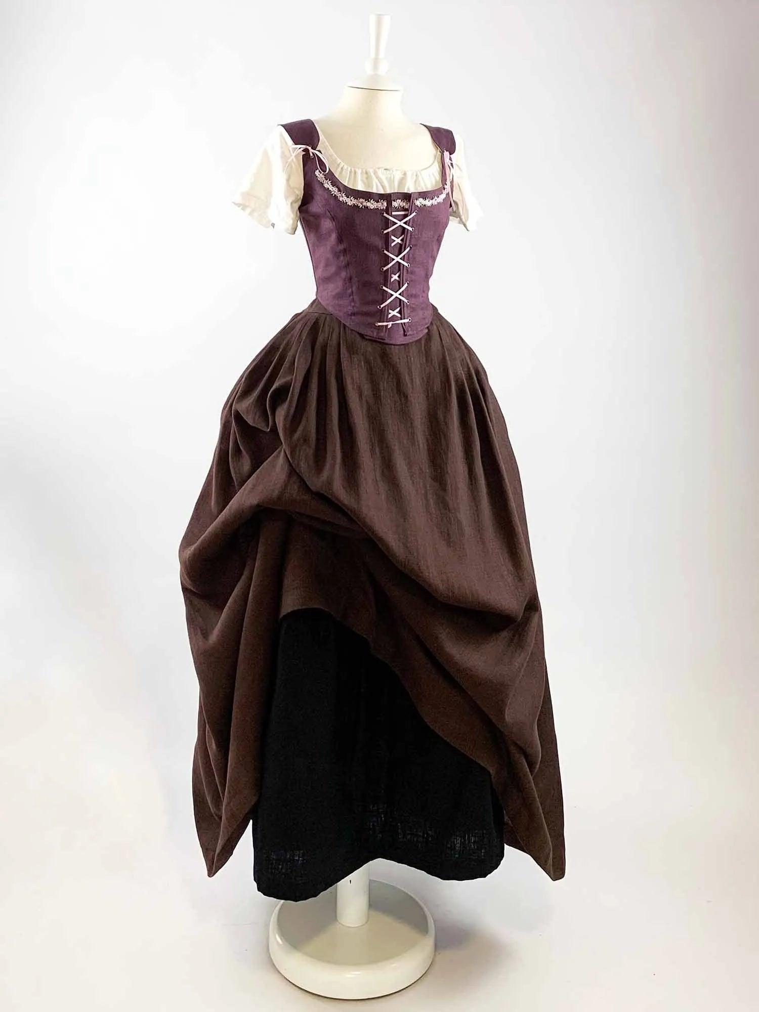 ISOLDE, Renaissance Costume in Purple &amp; Chocolate Linen - Atelier Serraspina - Costume Renaissance en Lin Violet et Chocolat