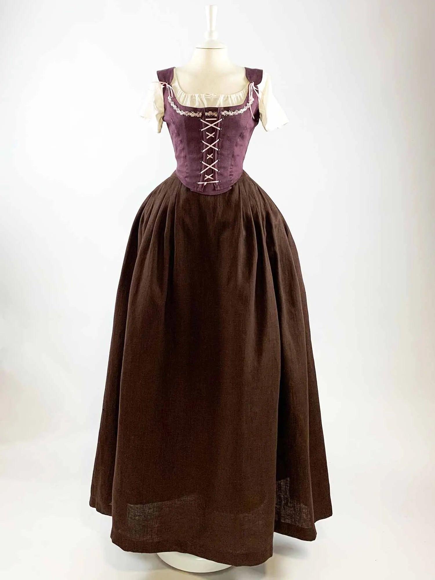 ISOLDE, Renaissance Costume in Purple &amp; Chocolate Linen - Atelier Serraspina - Costume Renaissance en Lin Violet et Chocolat