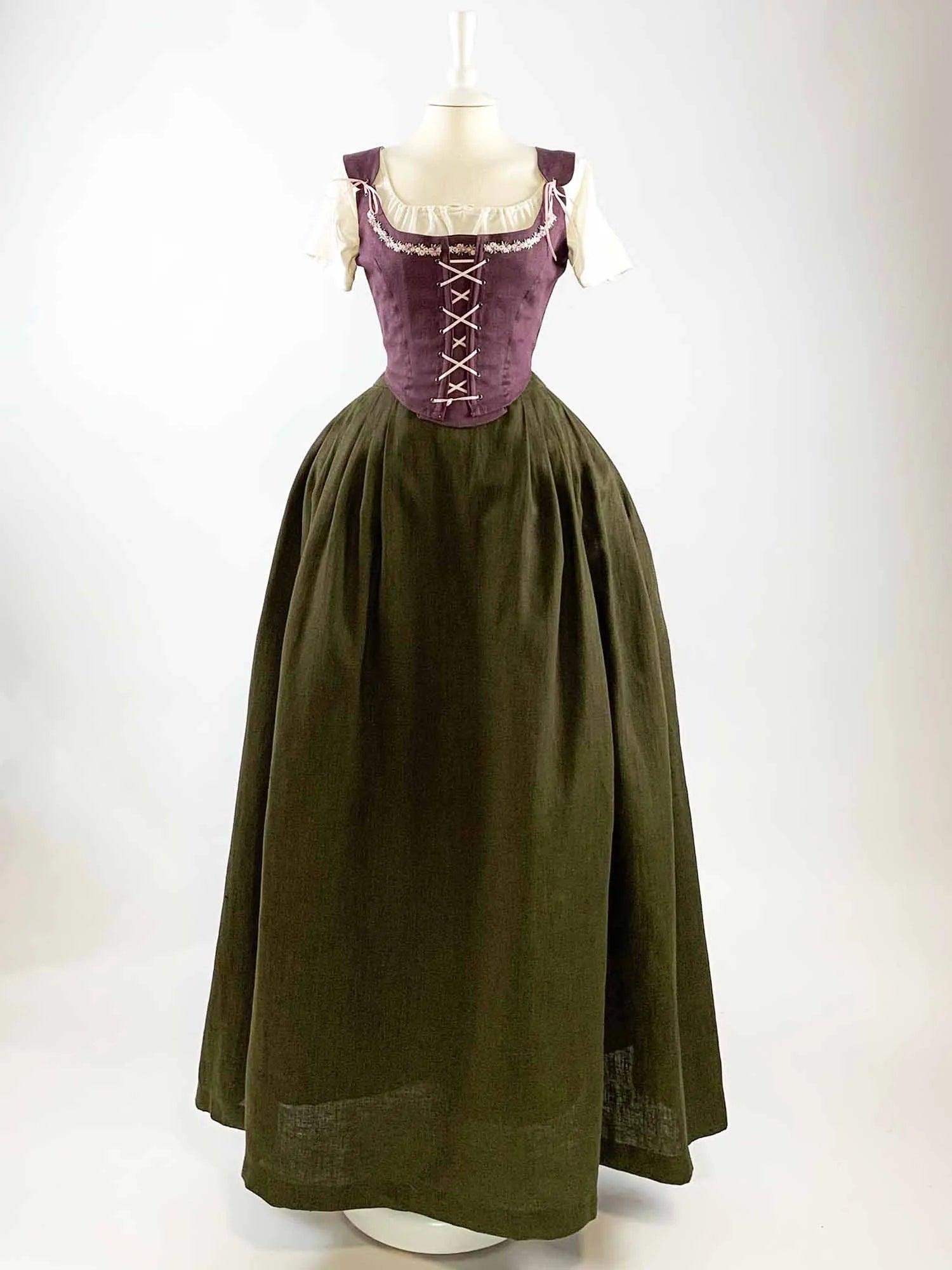 ISOLDE, Renaissance Costume in Purple &amp; Moss Green Linen - Atelier Serraspina - Costume Renaissance en Lin violet et vert mousse