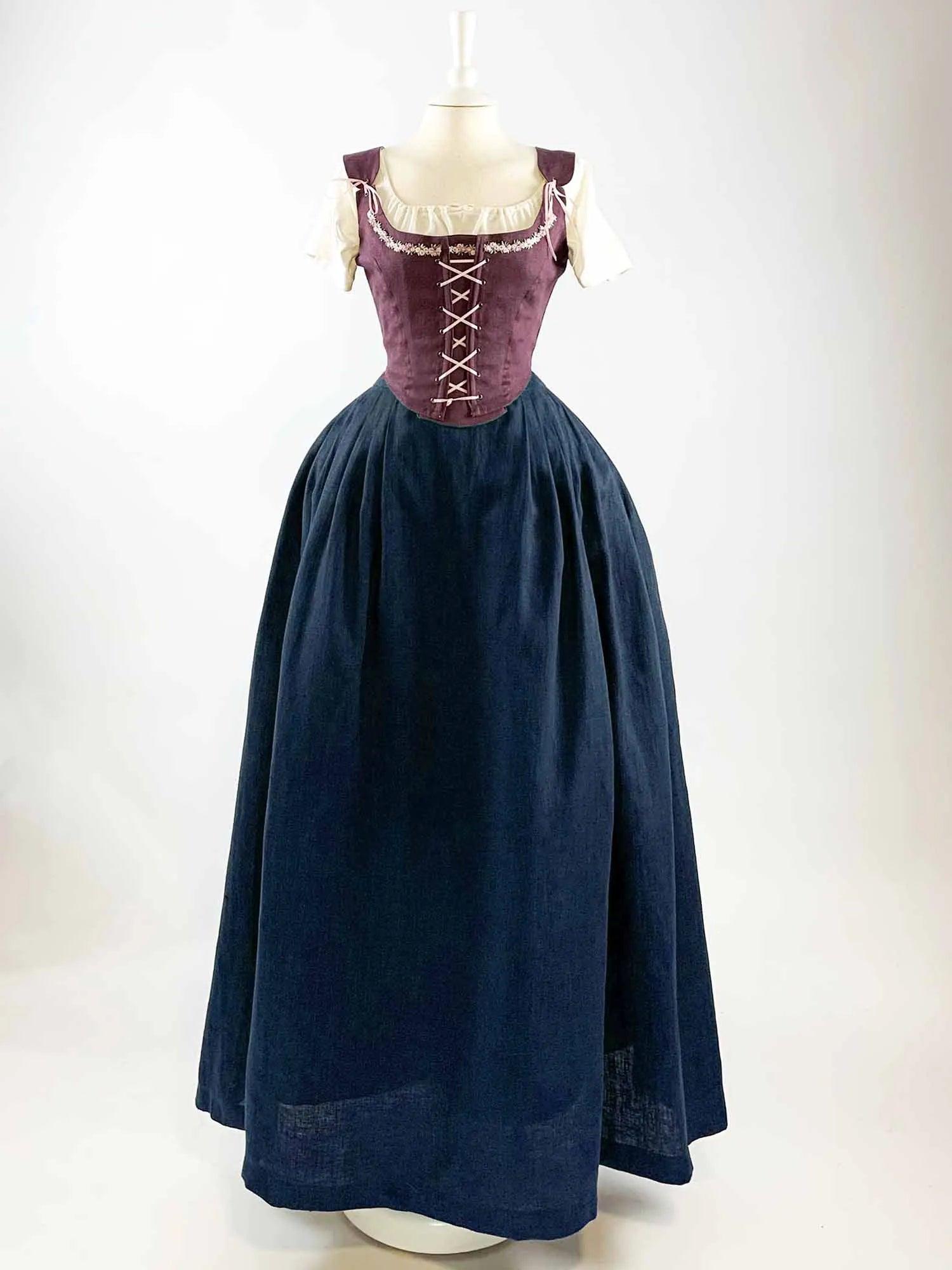 ISOLDE, Renaissance Costume in Purple &amp; Navy Blue Linen - Atelier Serraspina - Costume Renaissance en Lin Violet et Bleu marine