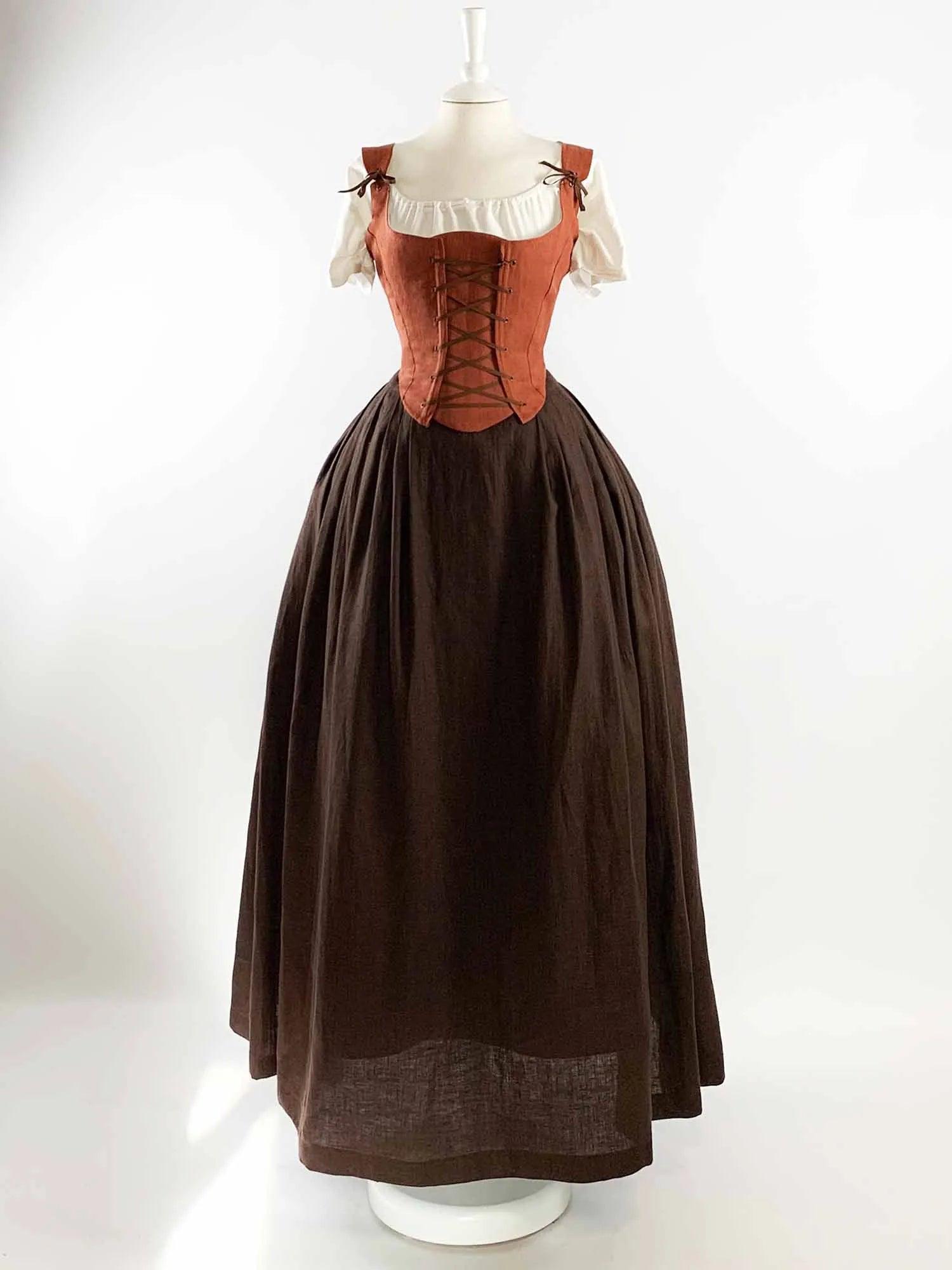 ISOLDE, Renaissance Costume in Rust Orange &amp; Chocolate Linen - Atelier Serraspina - Costume renaissance en Lin Terre de Sienne et Chocolat
