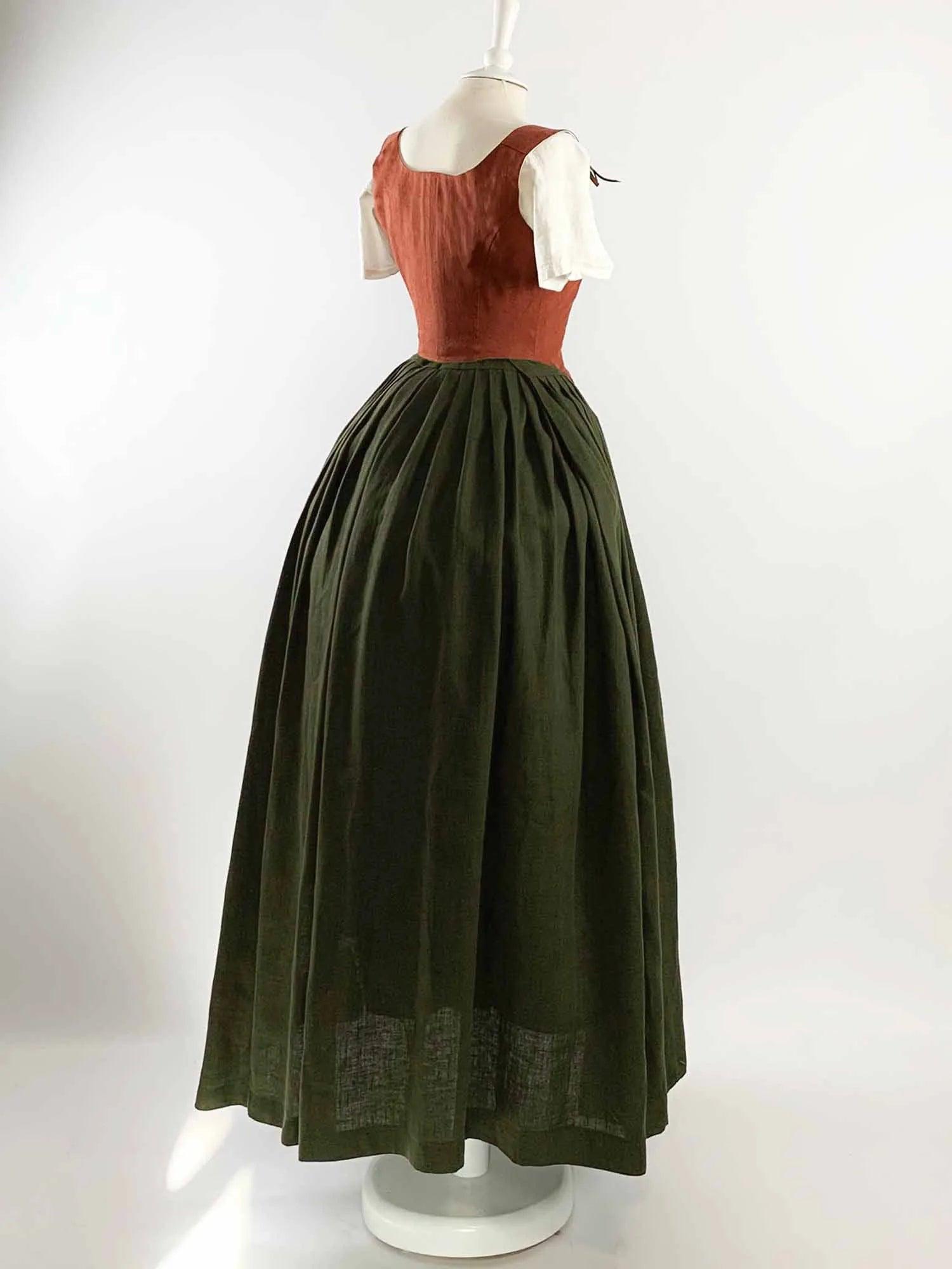 ISOLDE, Renaissance Costume in Rust Orange & Moss Green Linen