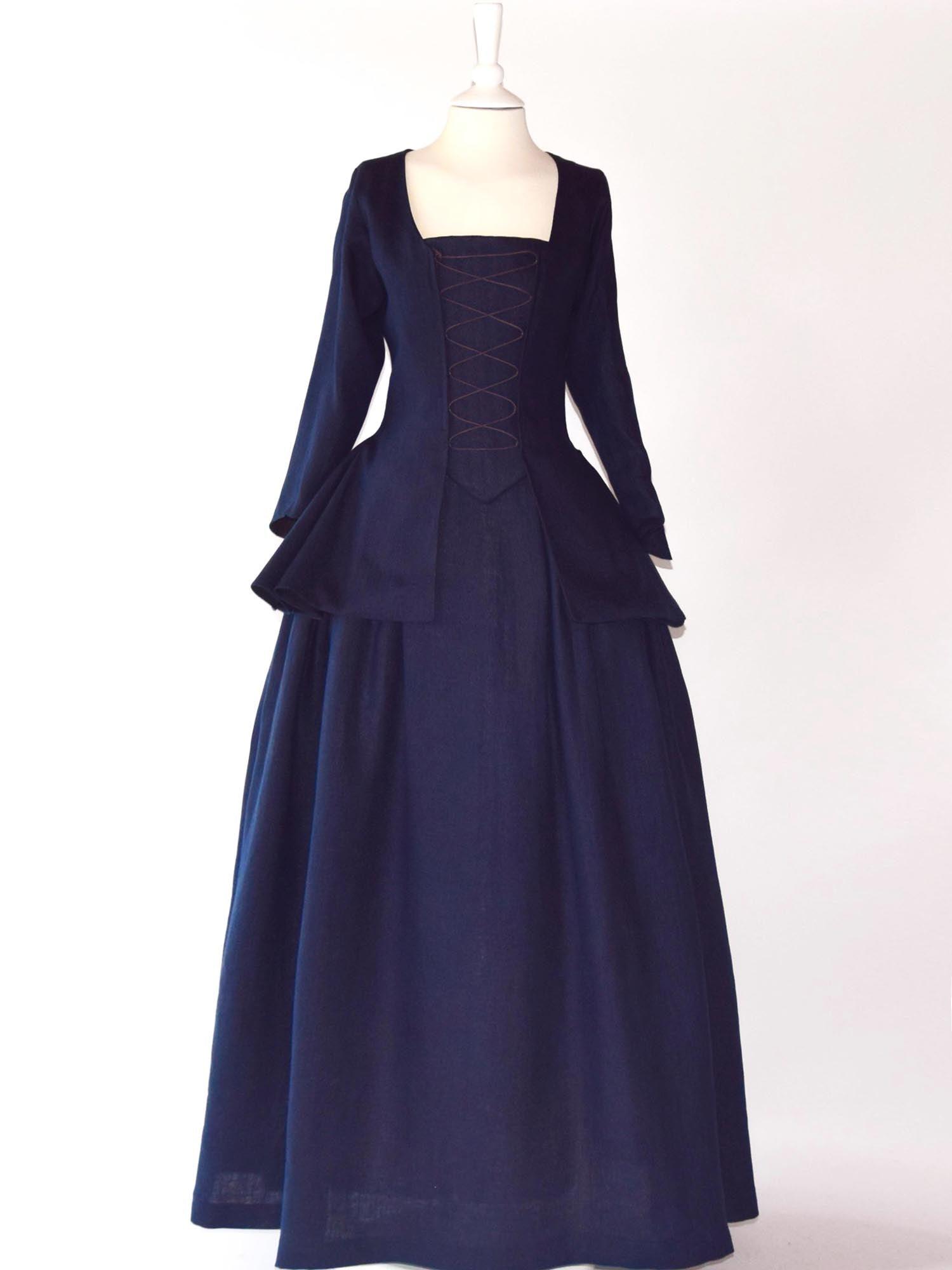 JANET, Colonial Costume in Night Blue Linen - Atelier Serraspina - Costume 18ème siècle en lin bleu nuit