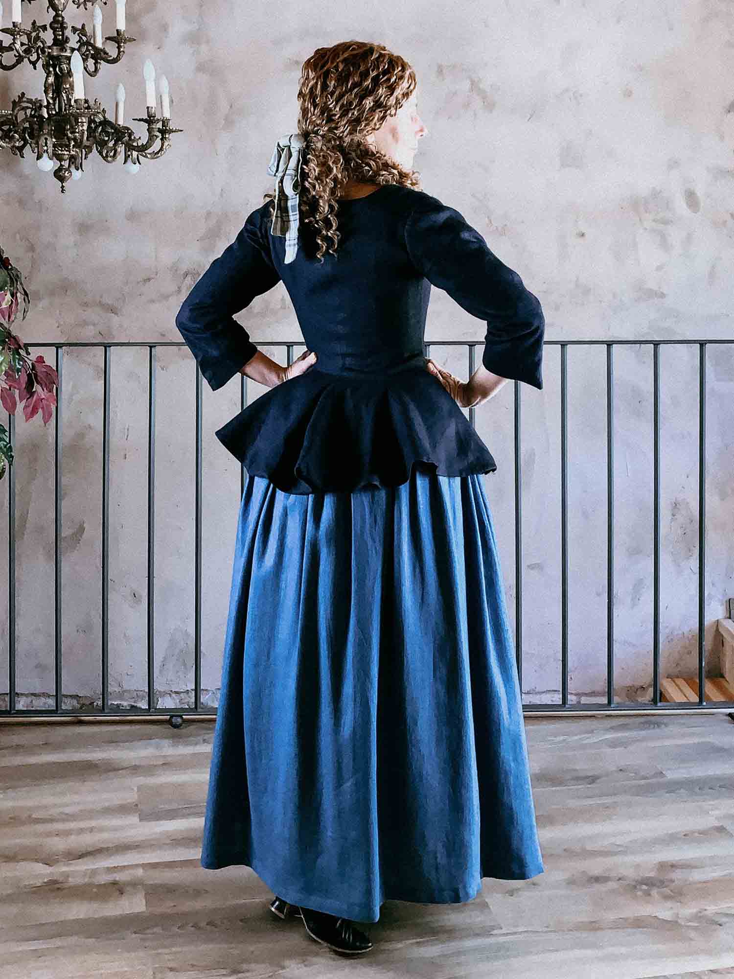 Janet - Colonial Costume in Night Blue and Steel Blue Linen - Atelier Serraspina