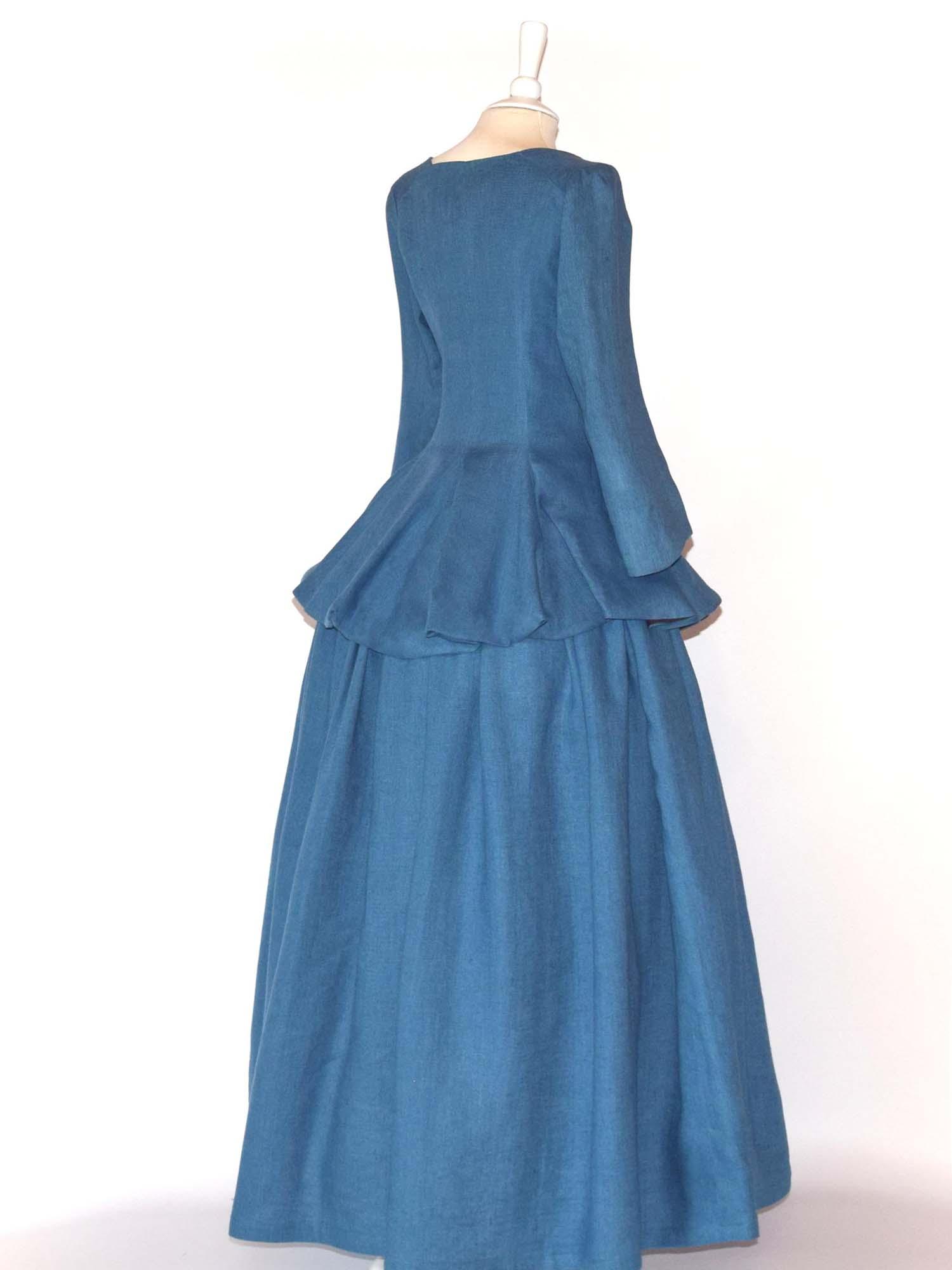 JANET, Colonial Costume in Steel Blue Linen - Atelier Serraspina