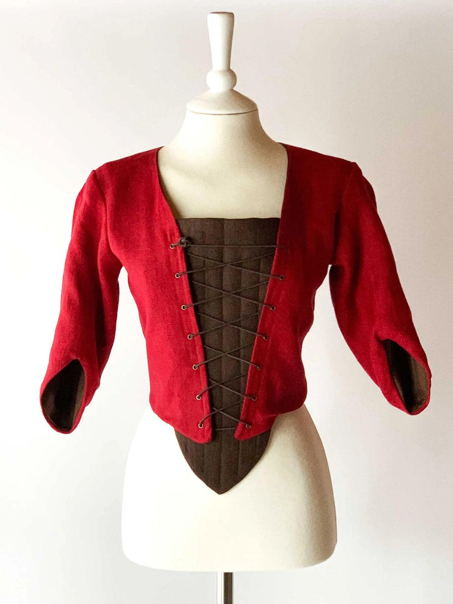 Lace Up Bodice in Cherry Red Linen - Historical Costumes - Atelier Serraspina