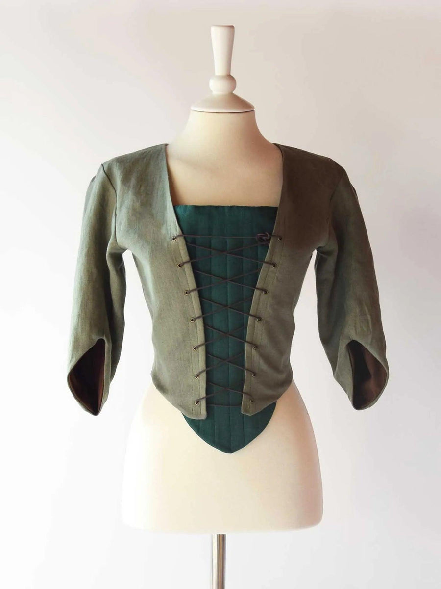 Lace Up Bodice in Sage Green Linen - Atelier Serraspina - Historical Costumes