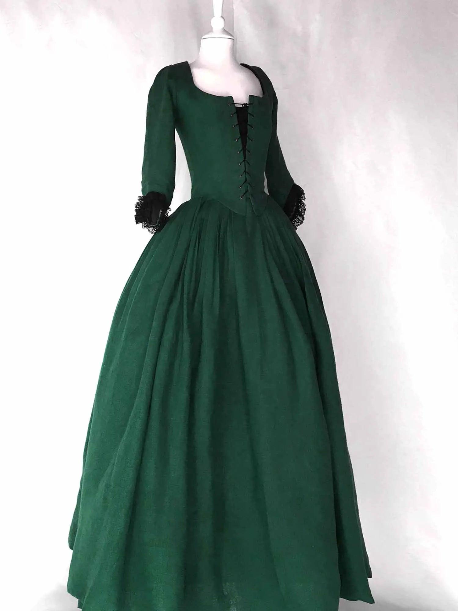 LOUISE, 18th-Century Dress In Dark Green Linen - Atelier Serraspina