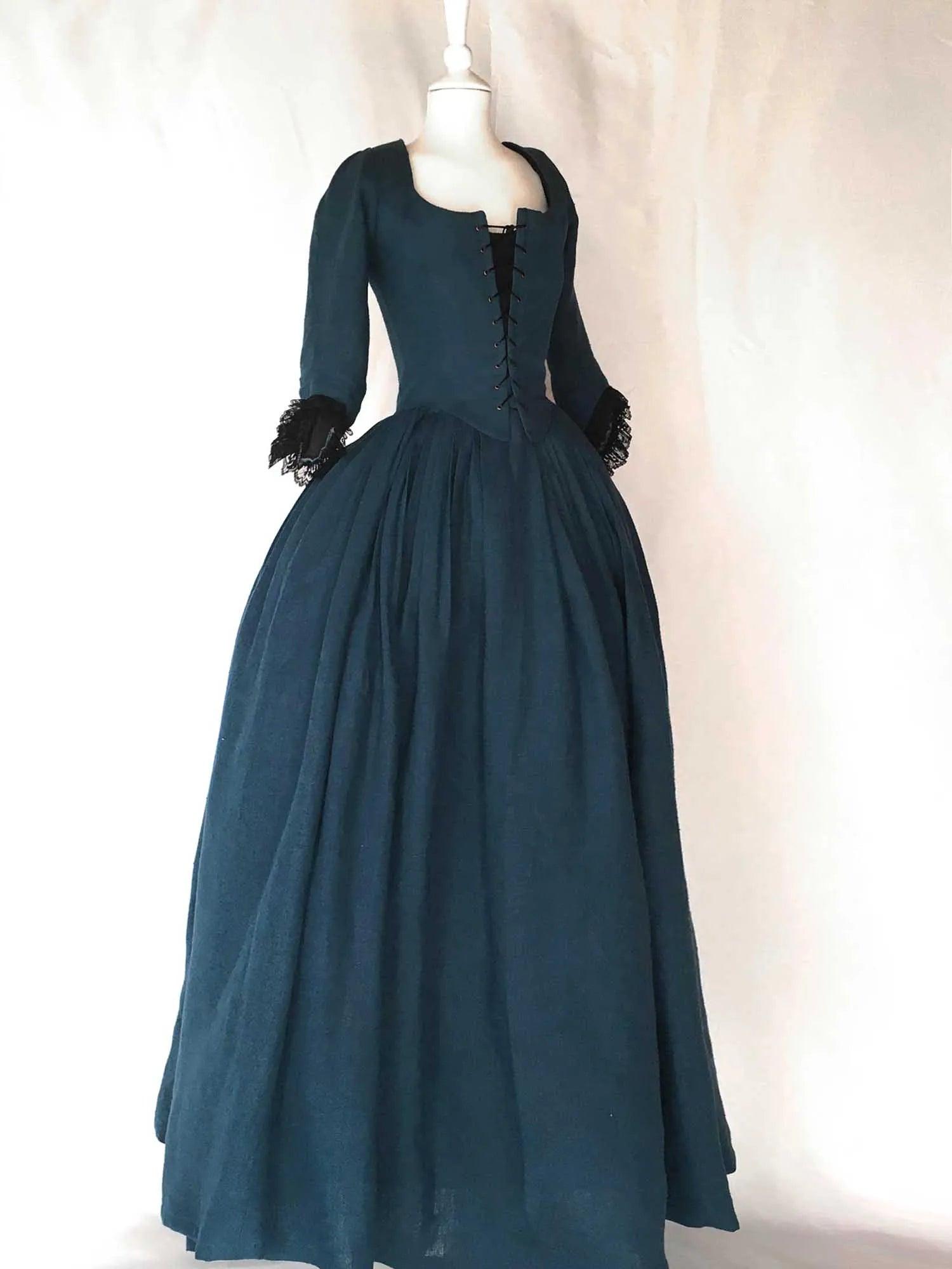LOUISE, 18th-Century Dress In Ocean Blue Linen - Atelier Serraspina