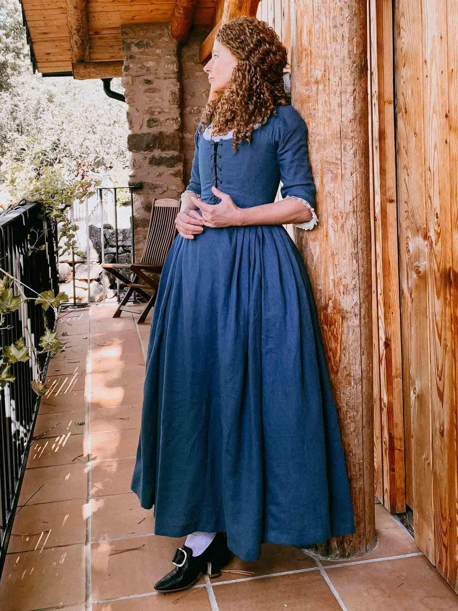 LOUISE, 18th-Century Dress in Steel Blue Linen - Atelier Serraspina