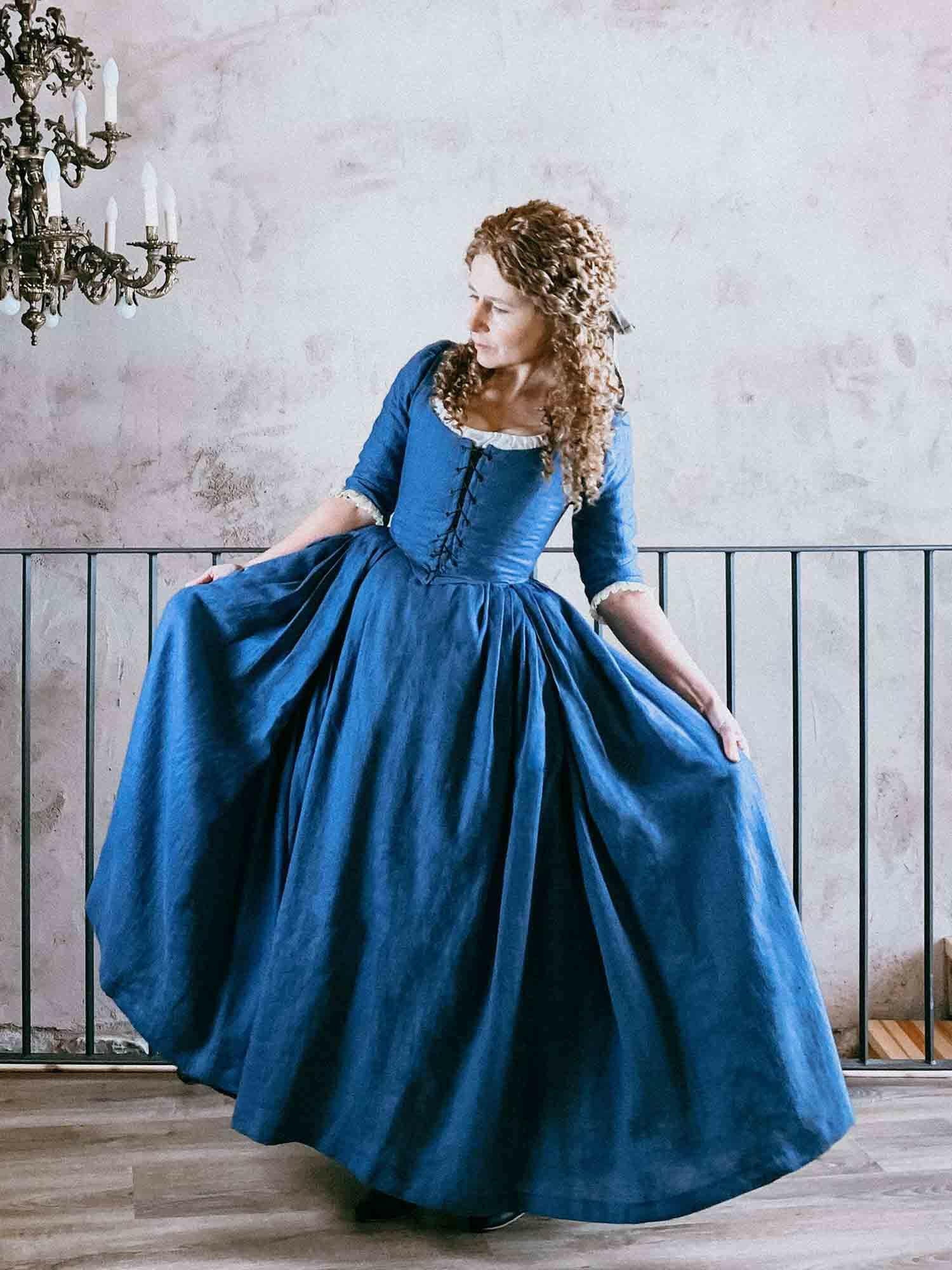 LOUISE, 18th-Century Dress in Steel Blue Linen - Atelier Serraspina