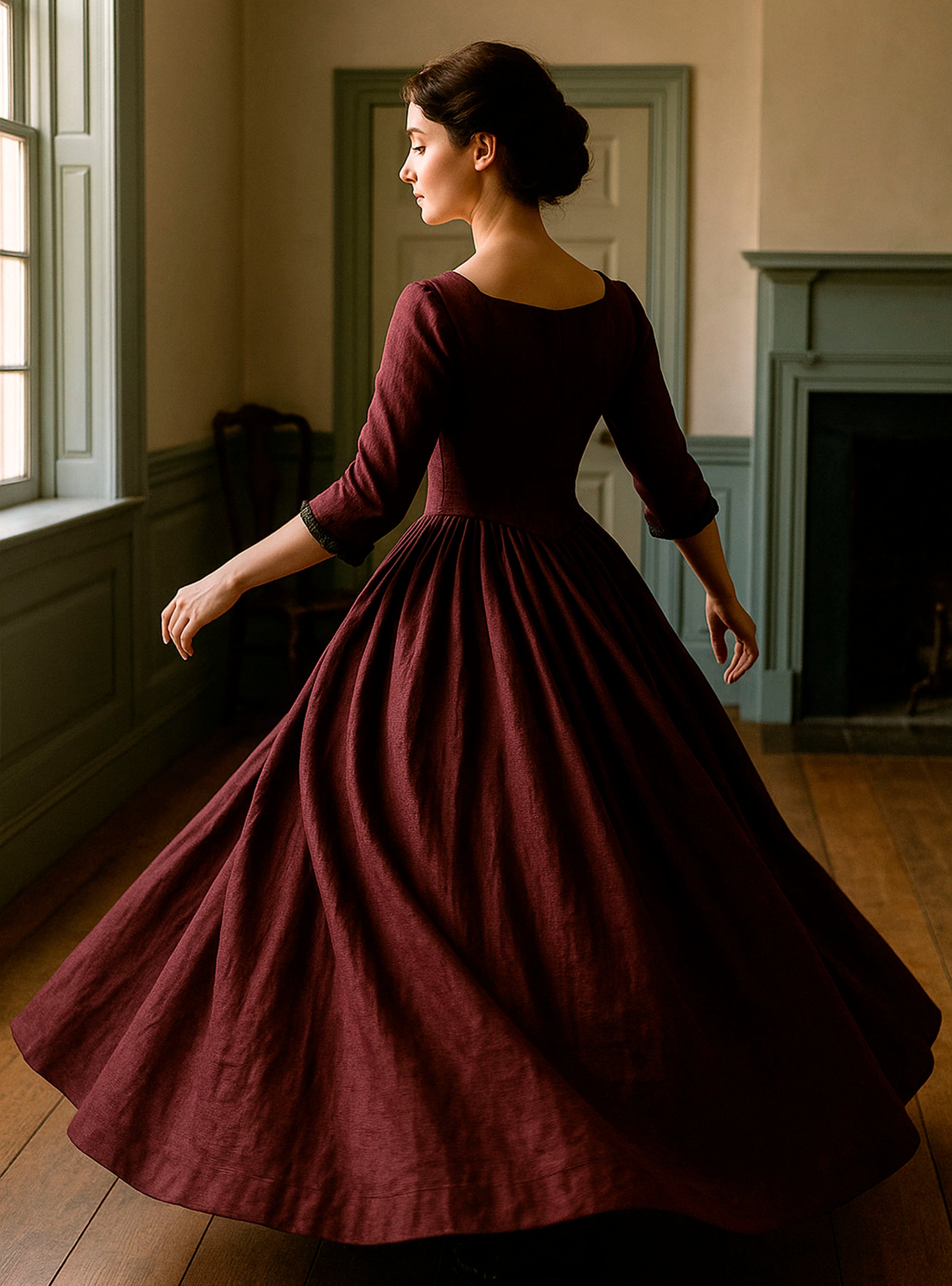 18th-Century Dress in Burgundy Linen by Atelier Serraspina
