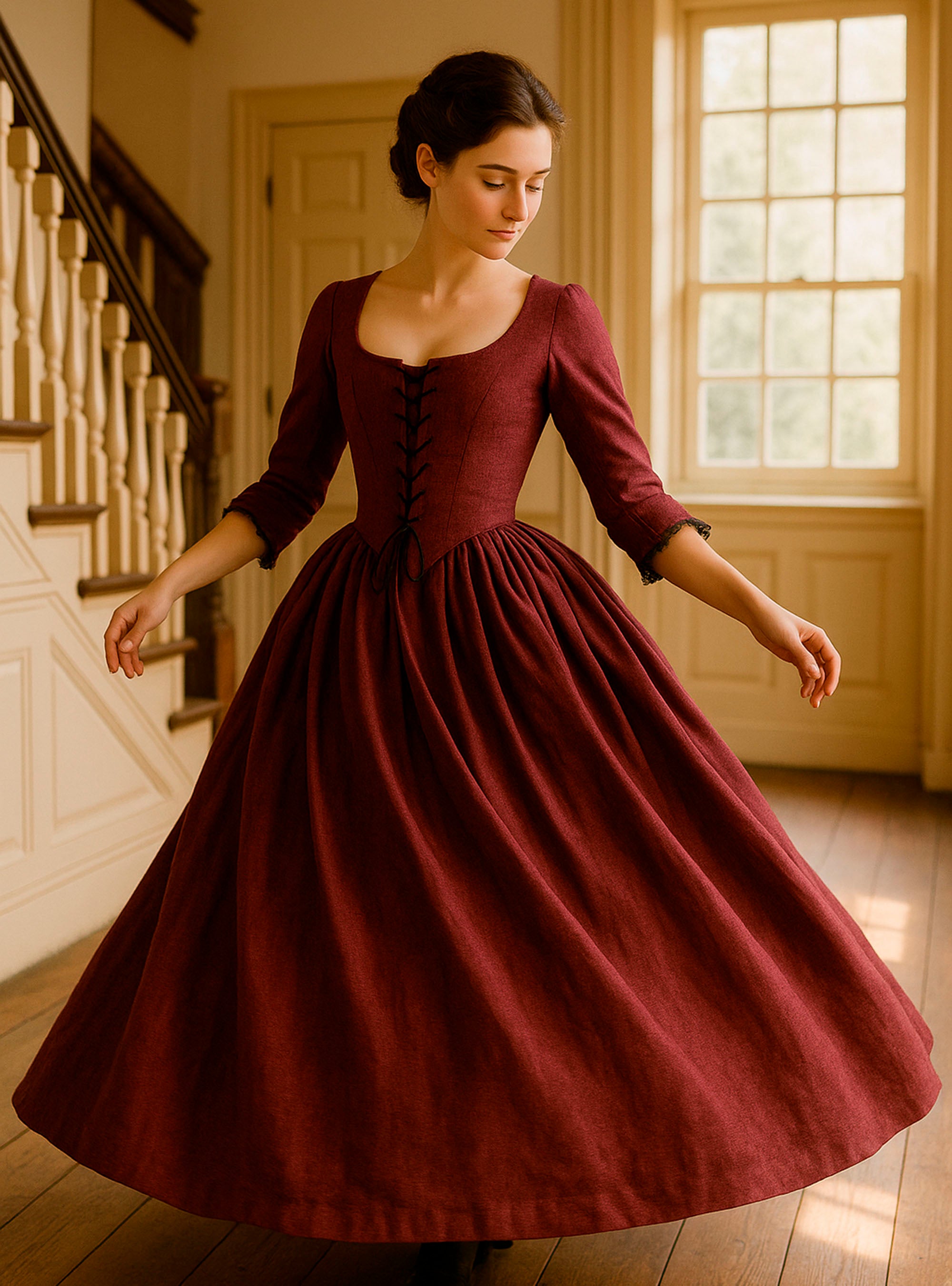 18th-Century Dress in Burgundy Linen by Atelier Serraspina