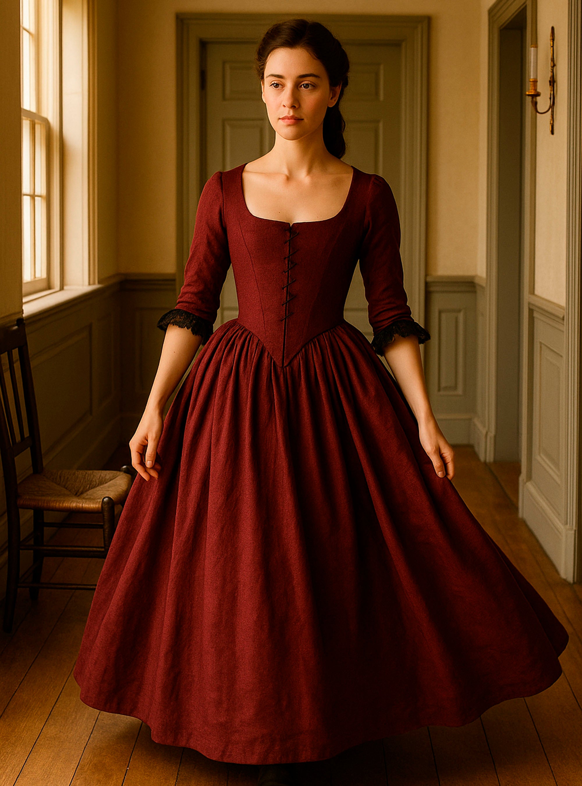 18th-Century Dress in Burgundy Linen by Atelier Serraspina