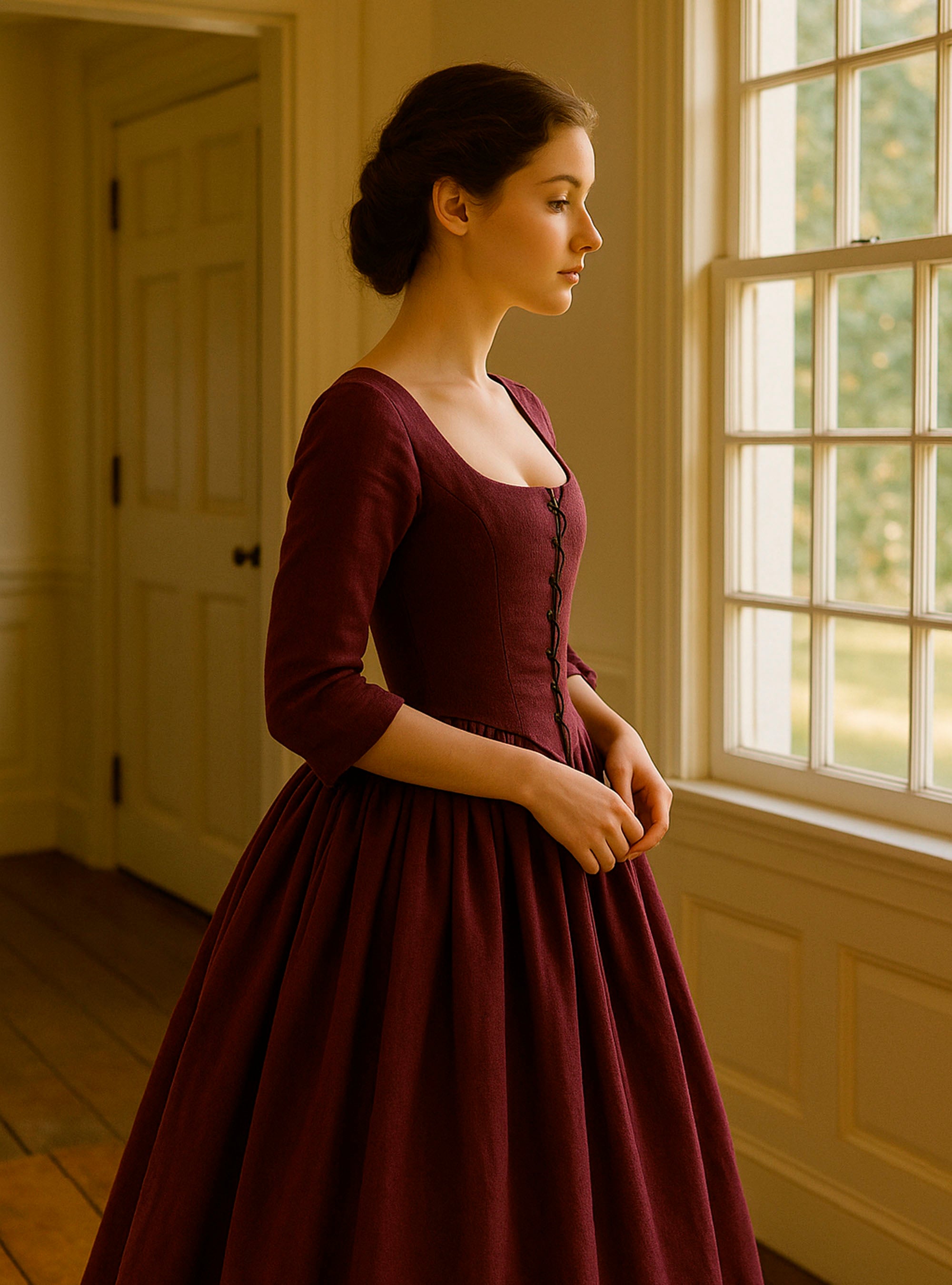 18th-Century Dress in Burgundy Linen by Atelier Serraspina