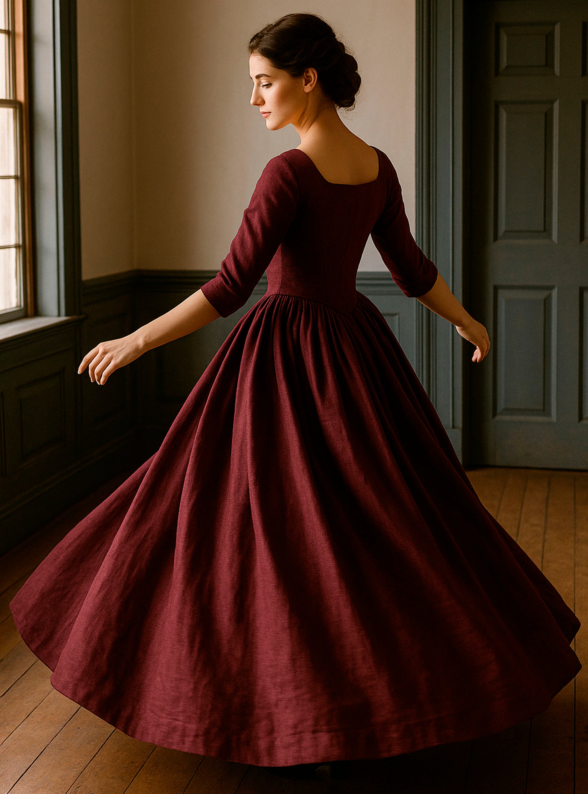 18th-Century Dress in Burgundy Linen by Atelier Serraspina